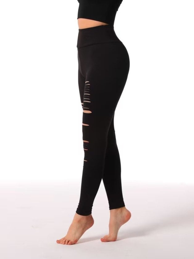 Women's High-Waist Ripped Knit Leggings - Black - Janes - by Peralane - photo 2