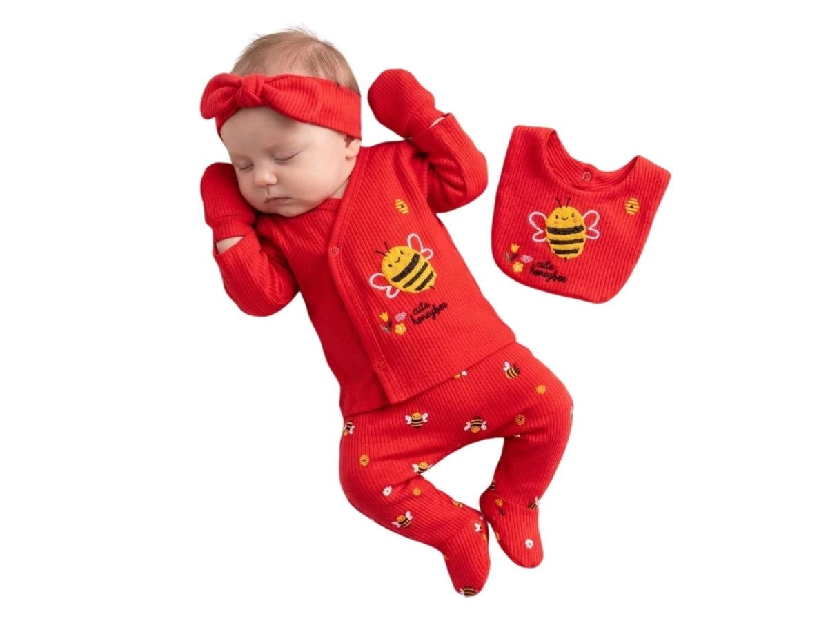 Bee Print Newborn Baby 5-Piece Set in Red - Vovido - by Peralane