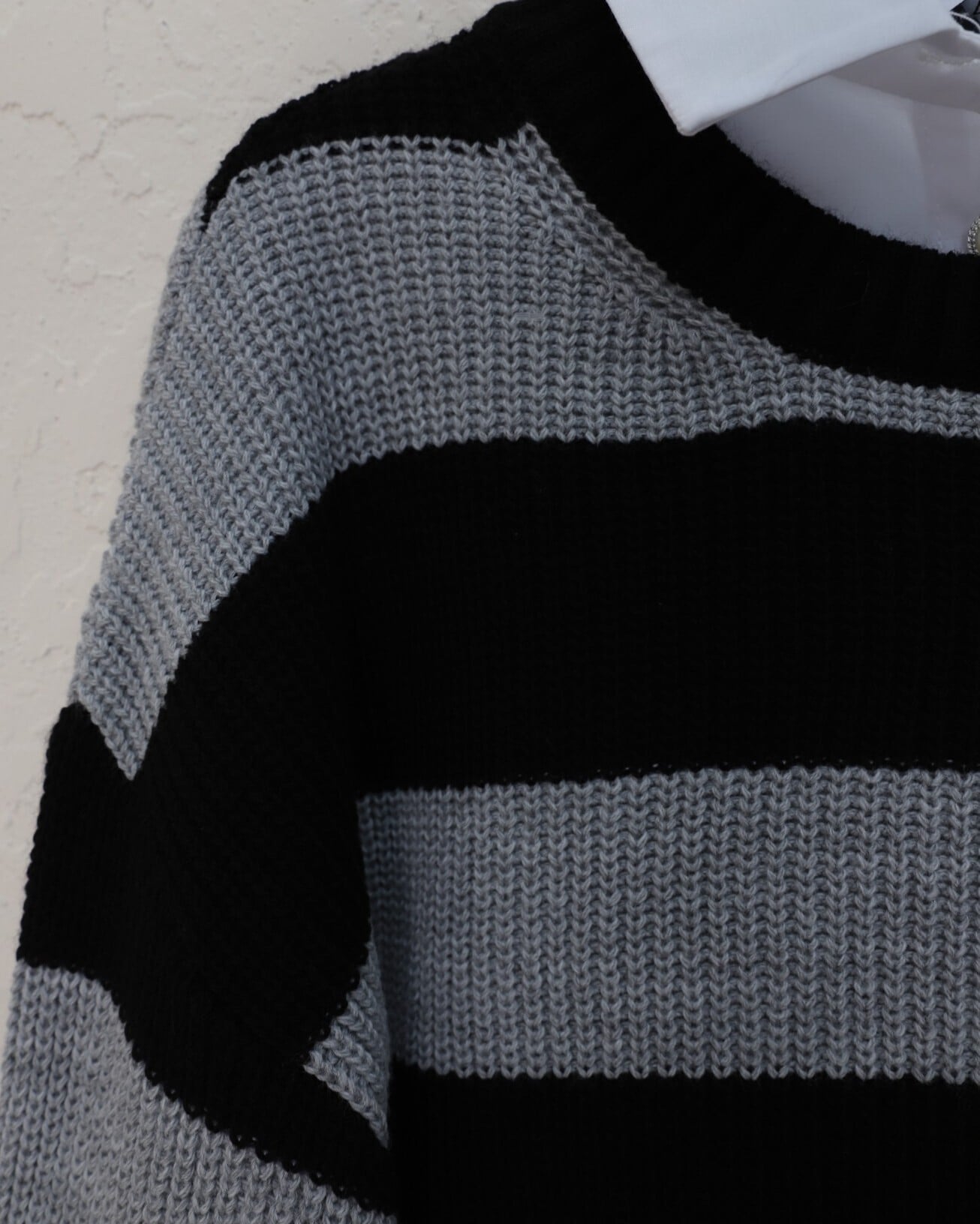 Black and Grey Striped Crew Neck Knit Sweater with Dropped Shoulders - Podyumplus - by Peralane - photo 4