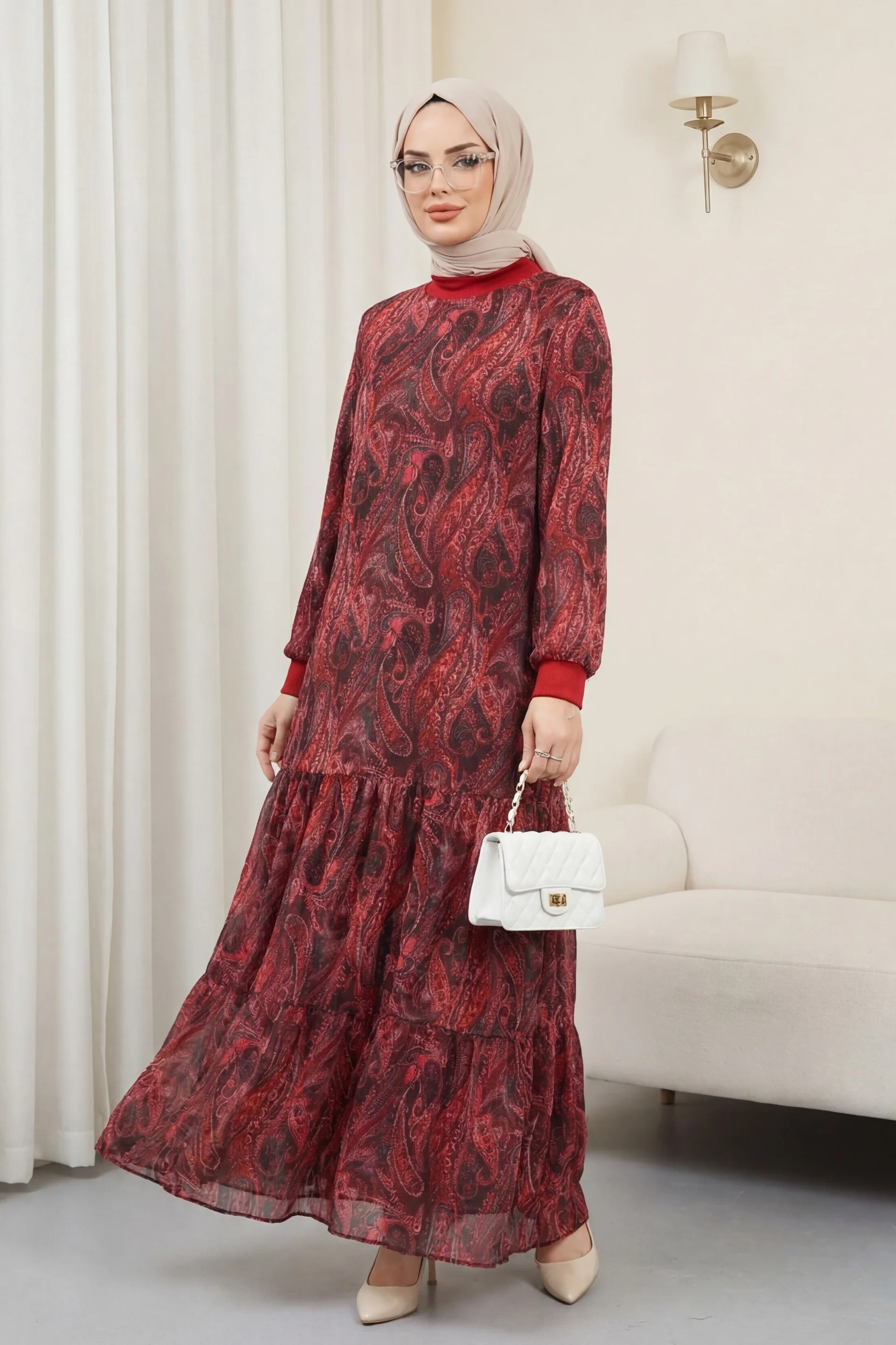 Women's Long-Sleeved Floor-Length Paisley Print Chiffon Dress in Red - Podyumplus - by Peralane