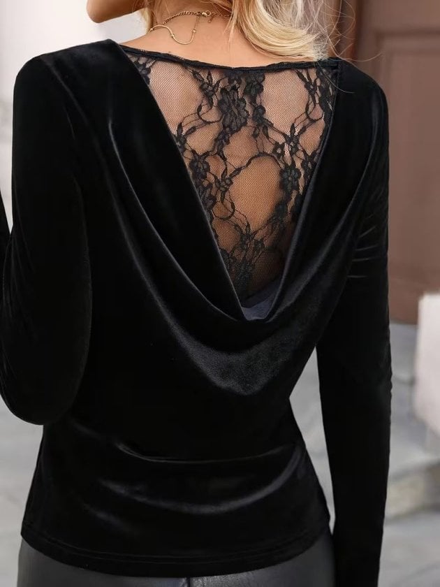 Women's Long-Sleeved Velvet Blouse with Draped Neckline and Lace Back - Janes - by Peralane