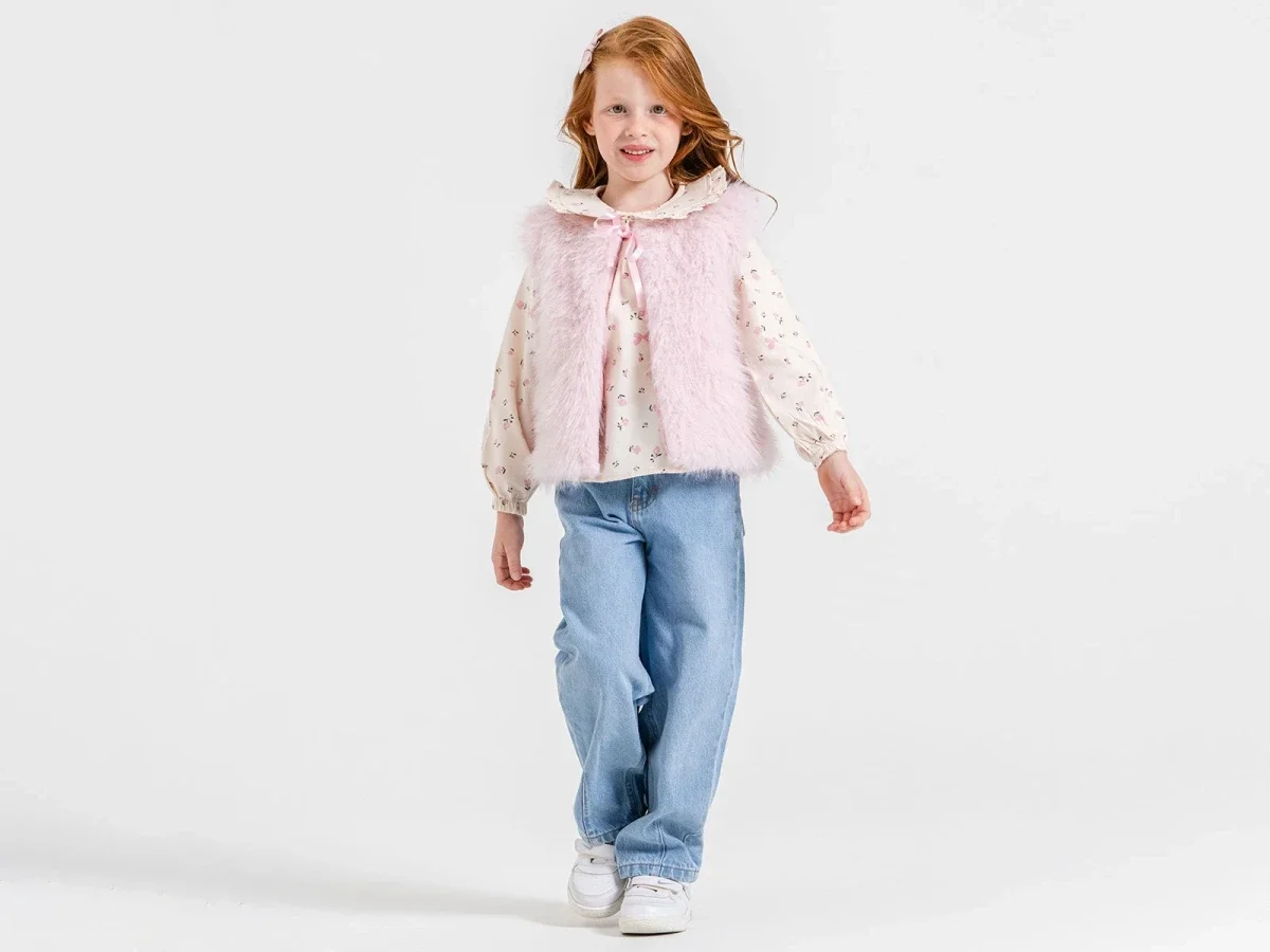 Girls' 3-Piece Floral Print Blouse and Faux Fur Vest Set (Pink, Ages 3-6) | Peralane - Ecolkiz - by Peralane