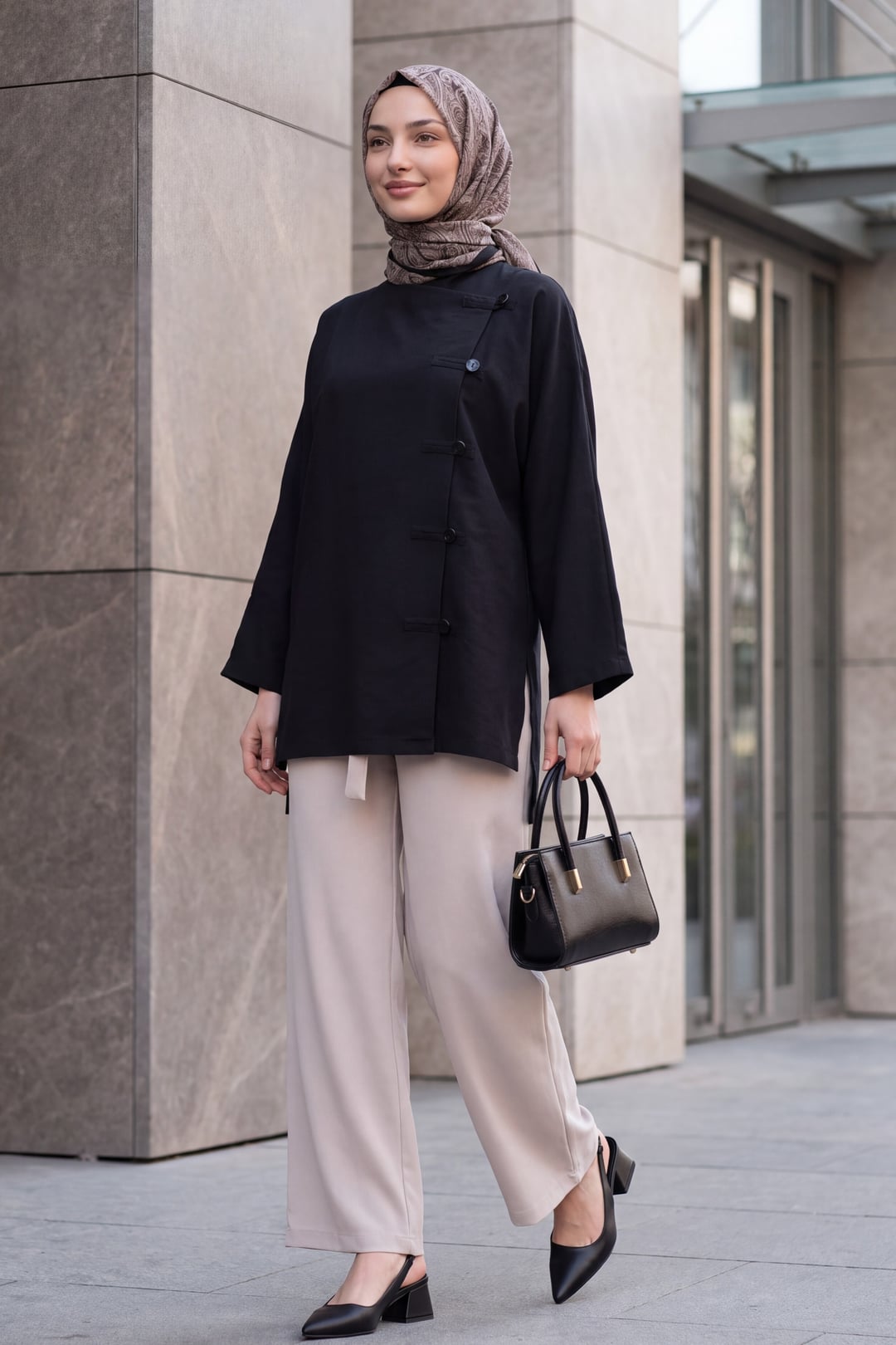 Black Round Neck Button Front Long Back Poliviscose Tunic - Podyumplus - by Peralane - photo 4