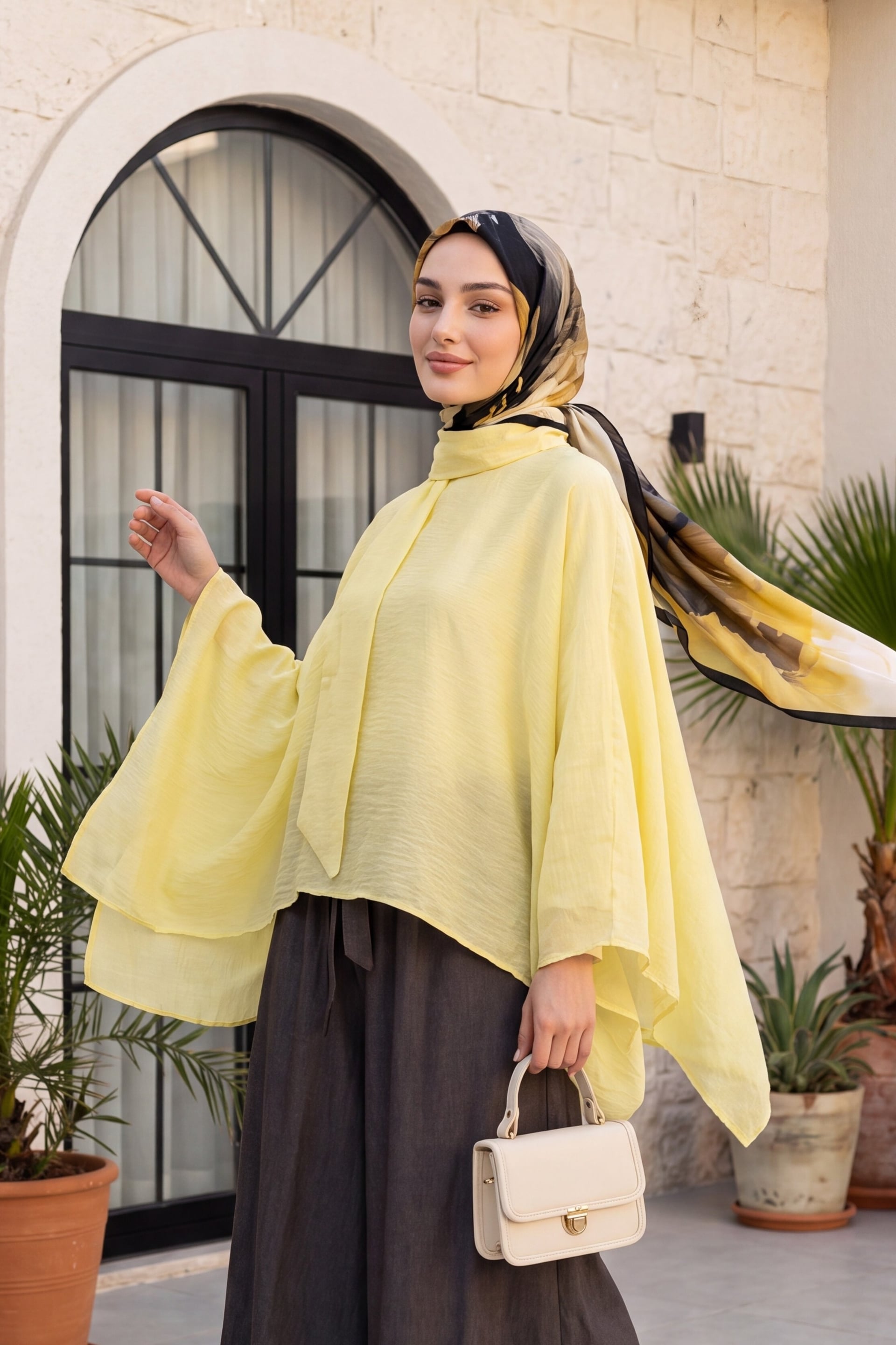 Long Back Tie Belt Casual Polyviscose Tunic - Yellow - Podyumplus - by Peralane