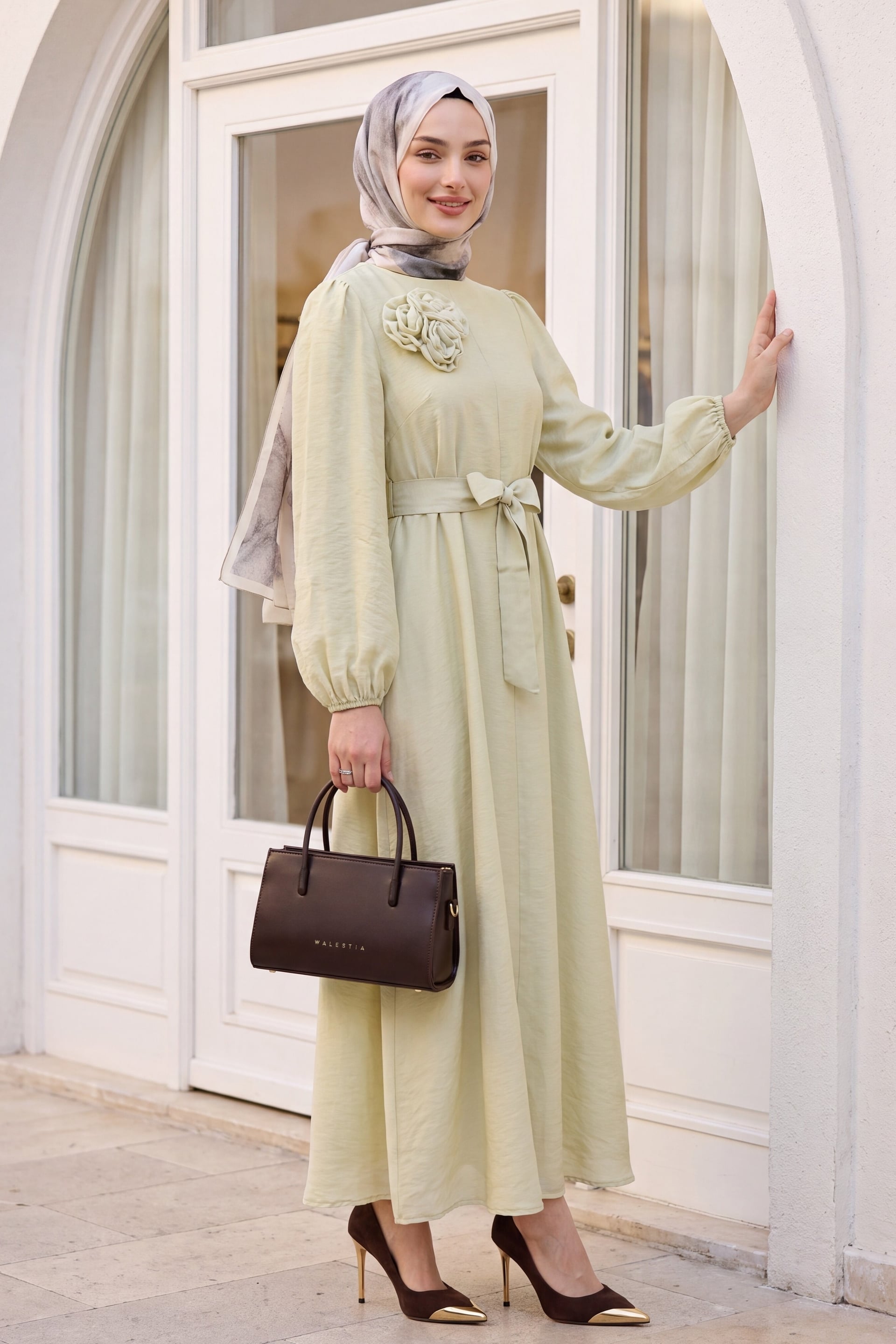 Brooch Detail Belted Lined Balloon Sleeve Tulle Voile Dress - Beige - Podyumplus - by Peralane - photo 3