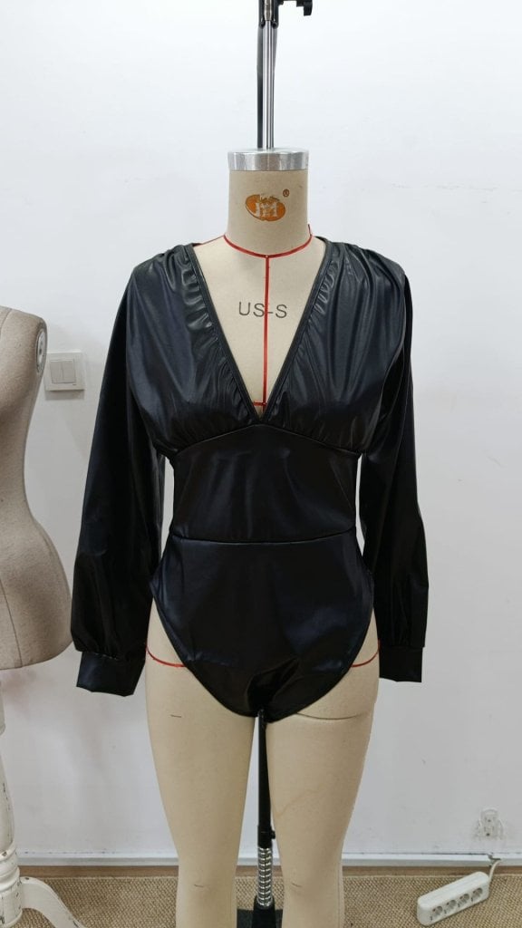 Women's Long-Sleeved Deep V-Neck Faux Leather Bodysuit - Janes - by Peralane - photo 3