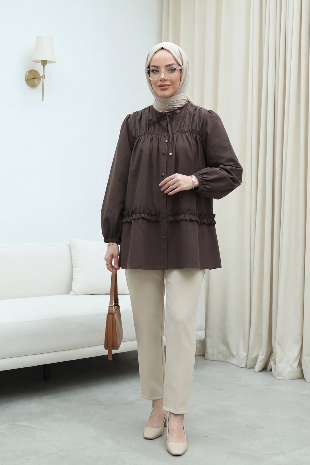 Ruffled Poplin Tunic with Button Front and Elasticated Waist - Dark Brown - Podyumplus - by Peralane - photo 2