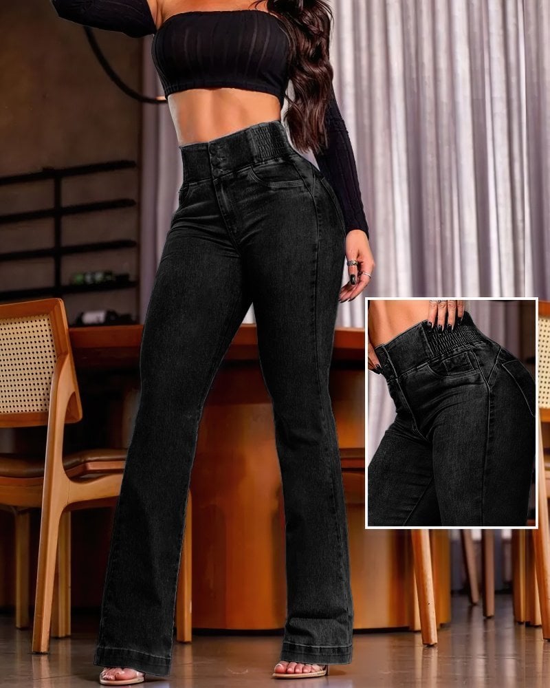 Women's High Waist Side Elastic Front Button Denim Trousers - Black - Janes - by Peralane