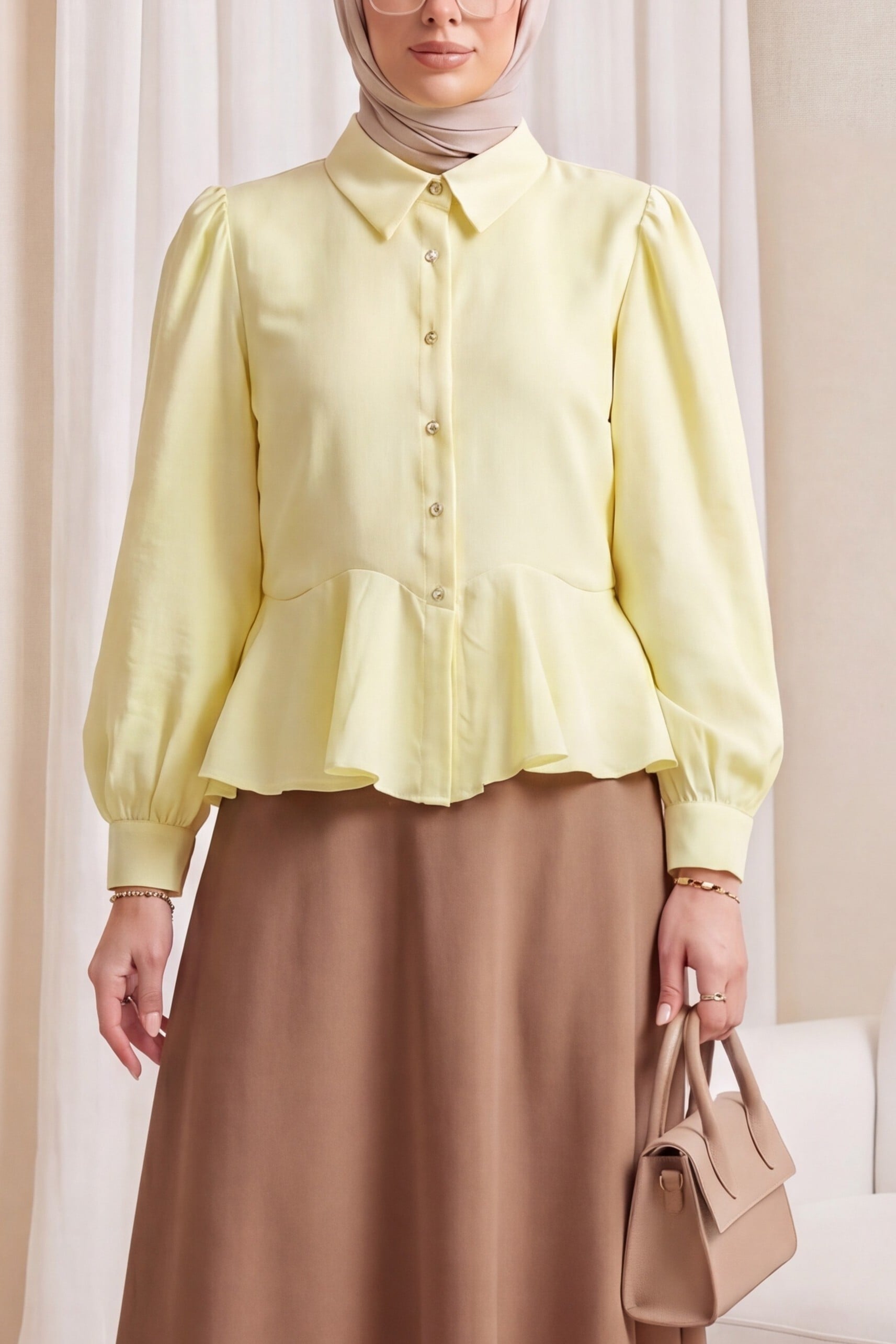 Stone-Button Peplum Blouse with Flounce Details in Yellow - Modal - Podyumplus - by Peralane