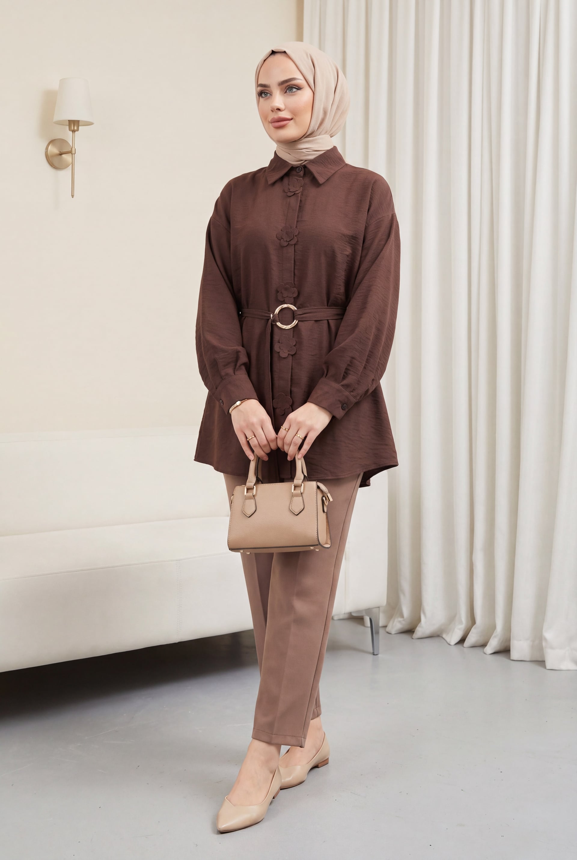 Floral Detail Belted Modal Tunic - Dark Brown - Podyumplus - by Peralane - photo 4