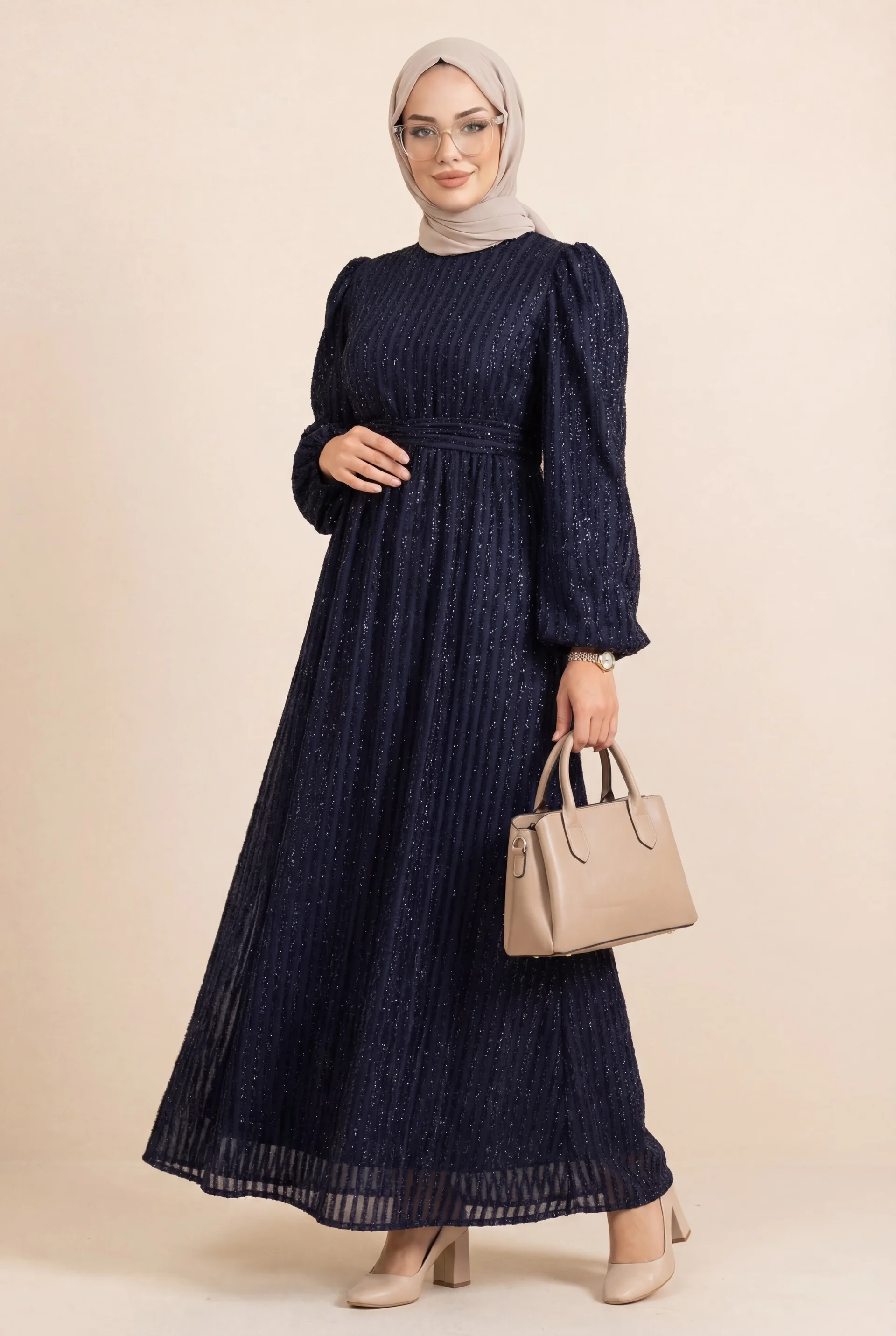 Navy Blue Sequin Striped Long Sleeve Belted Dress for Women - Podyumplus - by Peralane - photo 3