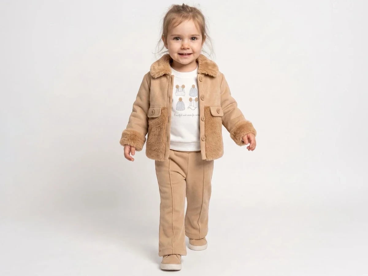 Girls' Baby Set with Faux Fur Jacket and Trousers - Brown - Bebly - by Peralane