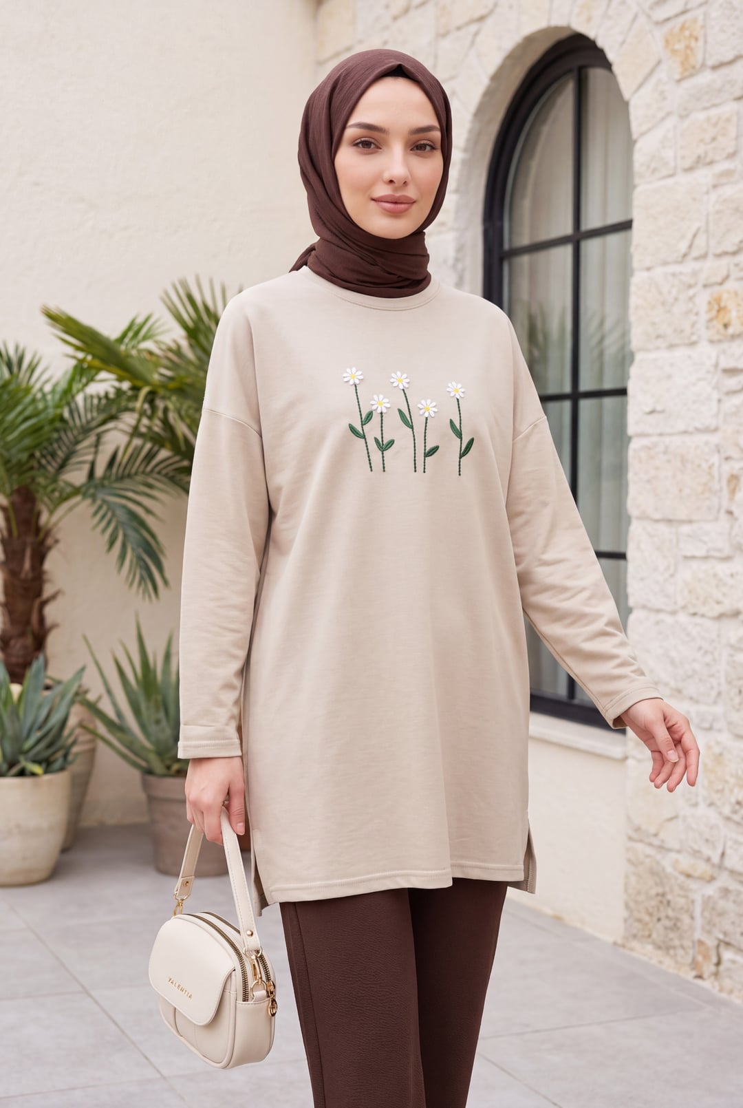 Daisy Embroidered Crew Neck Jersey Tunic - Stone - Podyumplus - by Peralane - photo 3