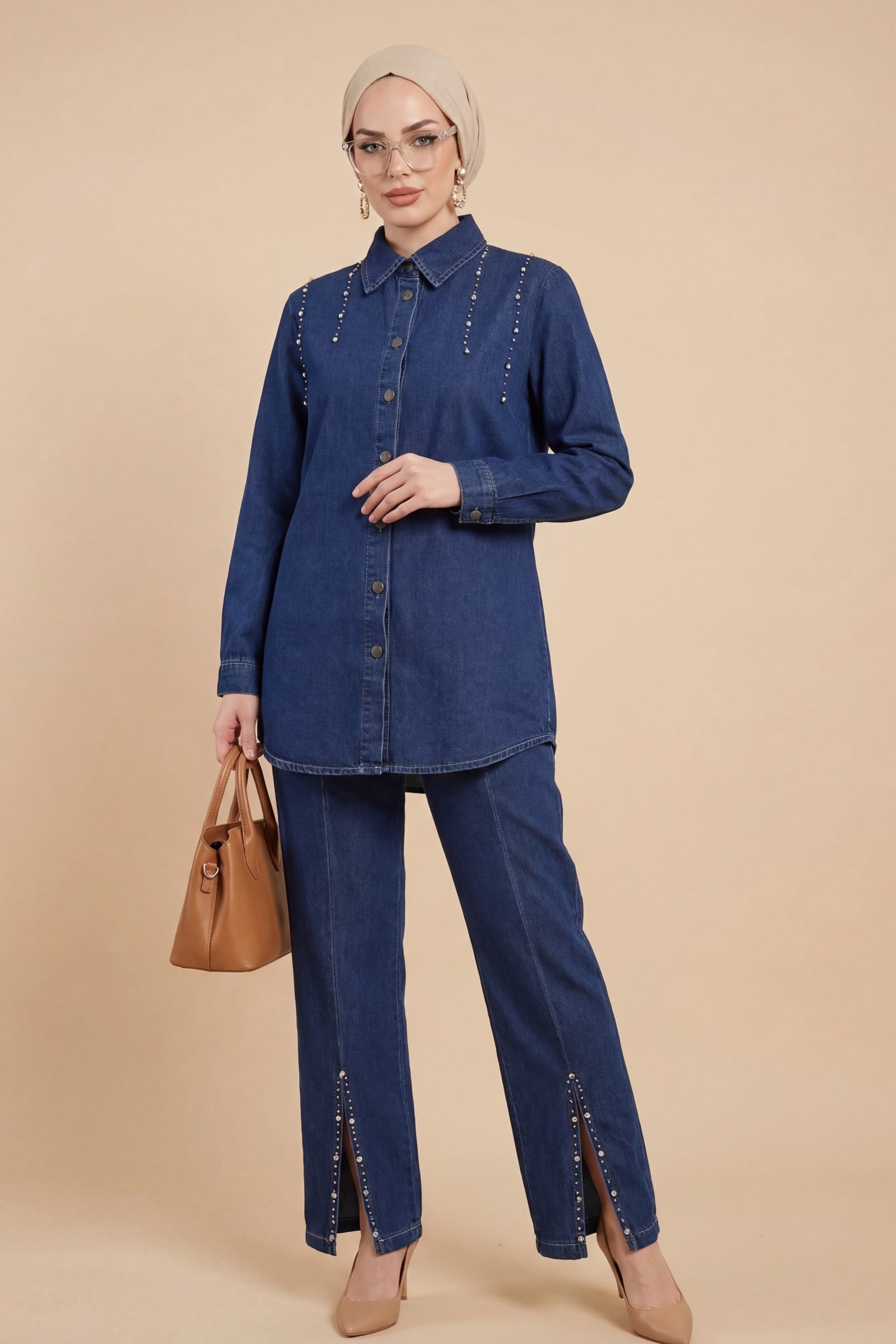 Women's Two-Piece Denim Co-ord Set with Slit Hem and Beaded Details - Navy - Podyumplus - by Peralane - photo 2