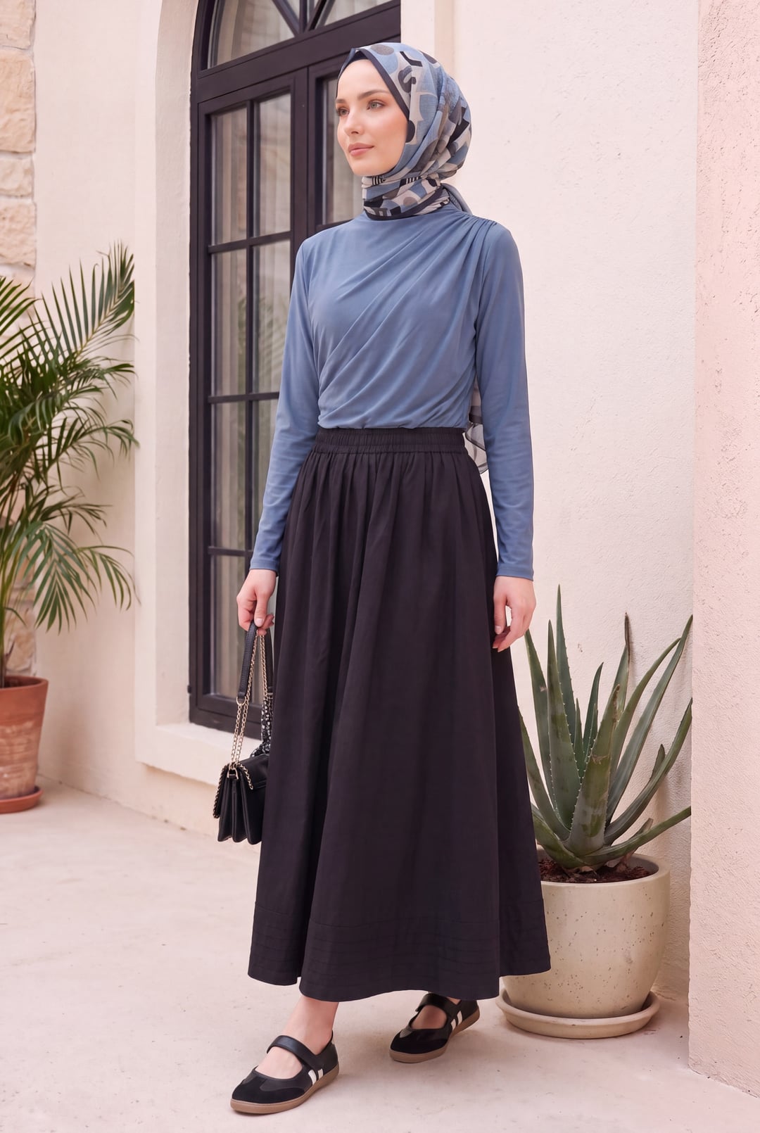 Half Turtleneck Pleated Front Blouse - Indigo - Podyumplus - by Peralane