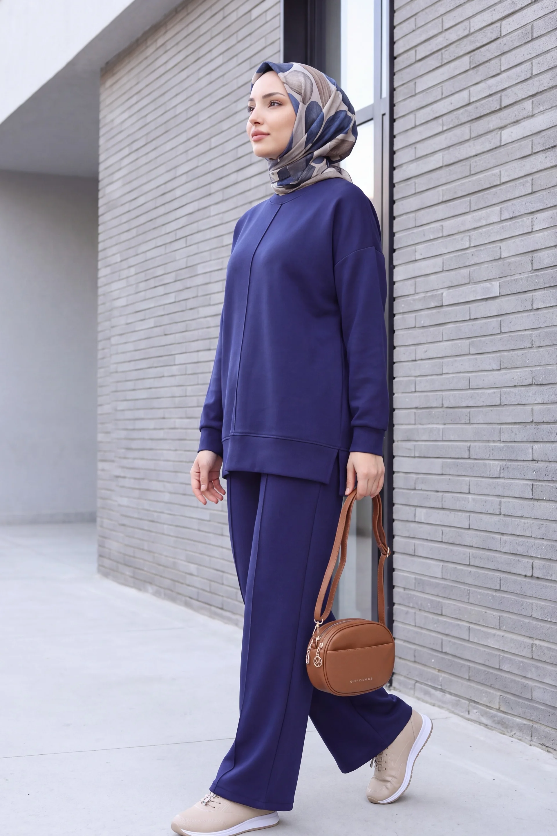 Navy Knit Tracksuit Set with Side Slit Sweatshirt and High-Waist Wide-Leg Trousers - Podyumplus - by Peralane - photo 2