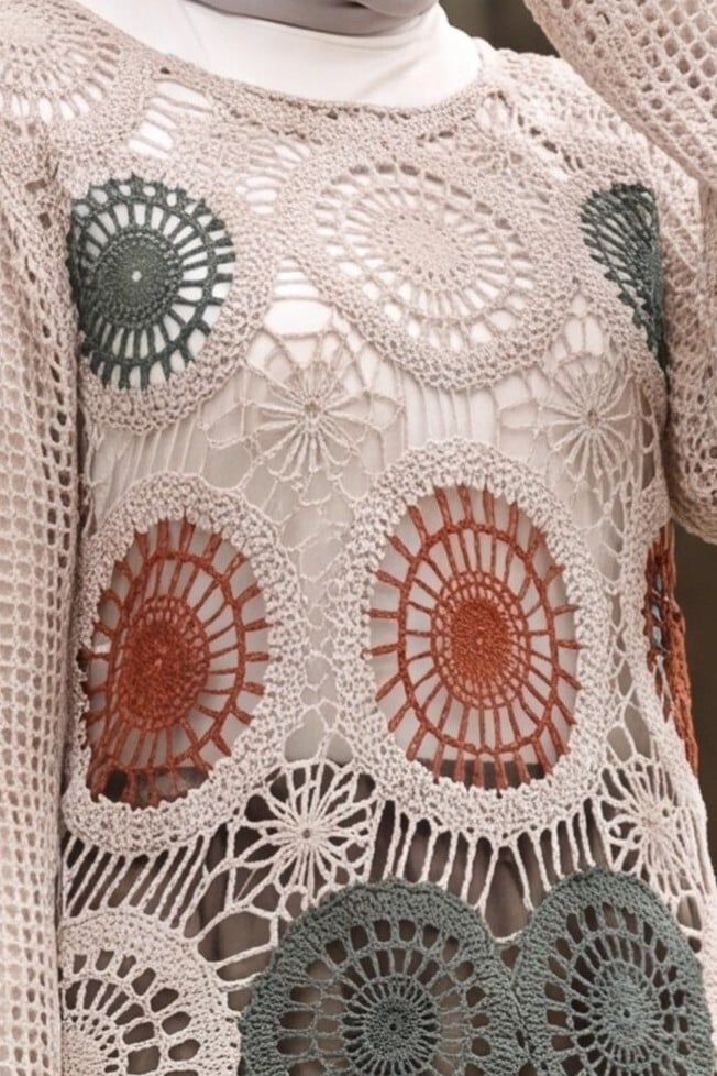 Beige Crochet Boat Neck Blouse with Colorful Motifs - Podyumplus - by Peralane - photo 7