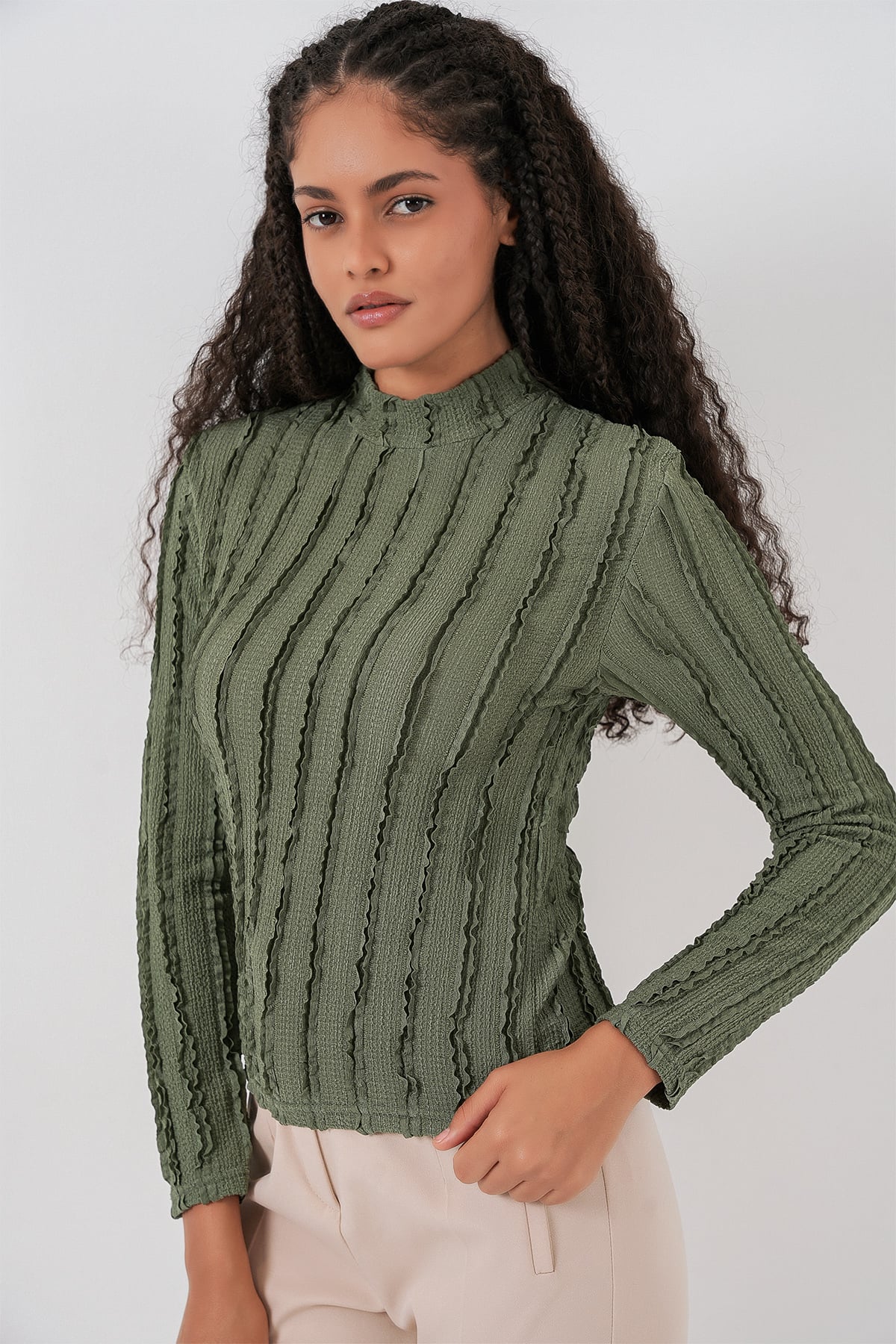 Women's Textured Stretch Knit Blouse - Olive Green - Wholeskop - by Peralane - photo 4