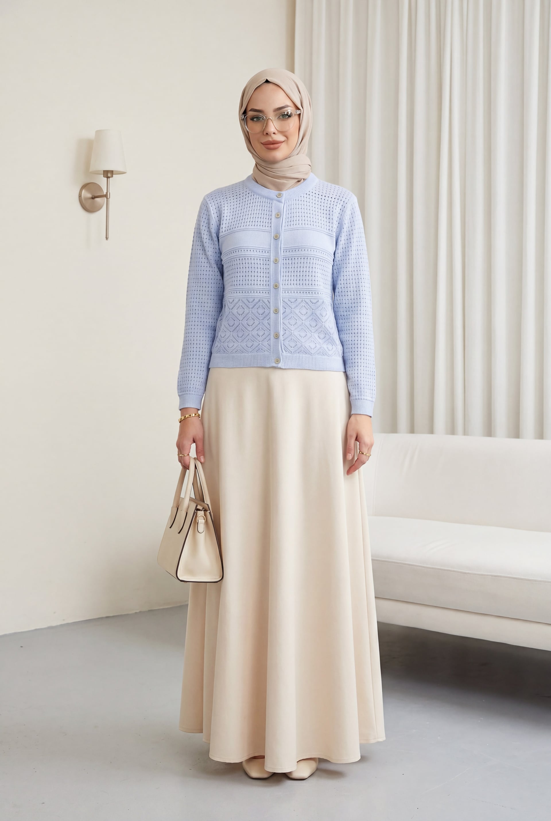 Light Blue Round Neck Buttoned Knitted Cardigan - Podyumplus - by Peralane - photo 3