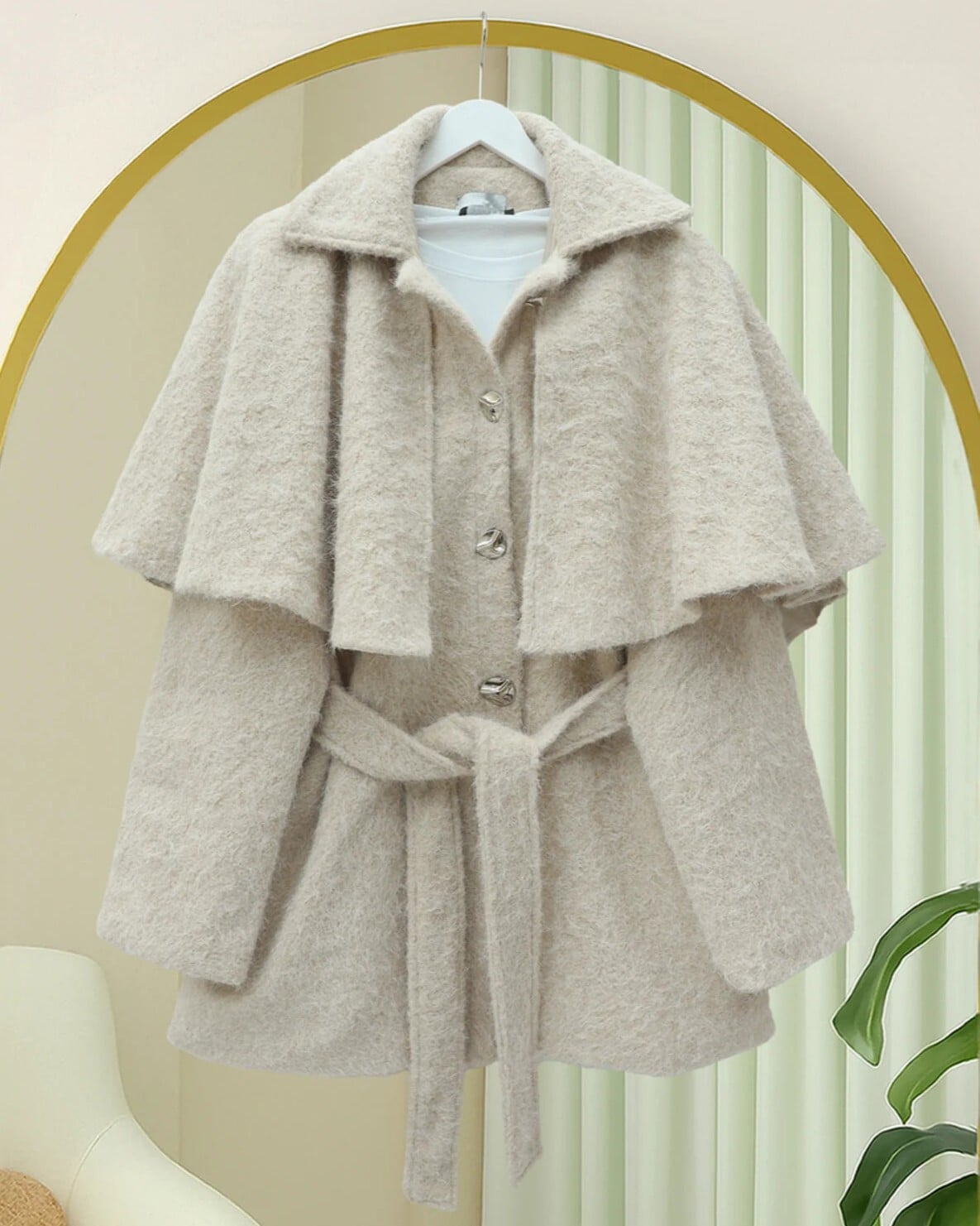 Belted Double-Breasted Wool Coat with Cape Overlay - Stone - Podyumplus - by Peralane