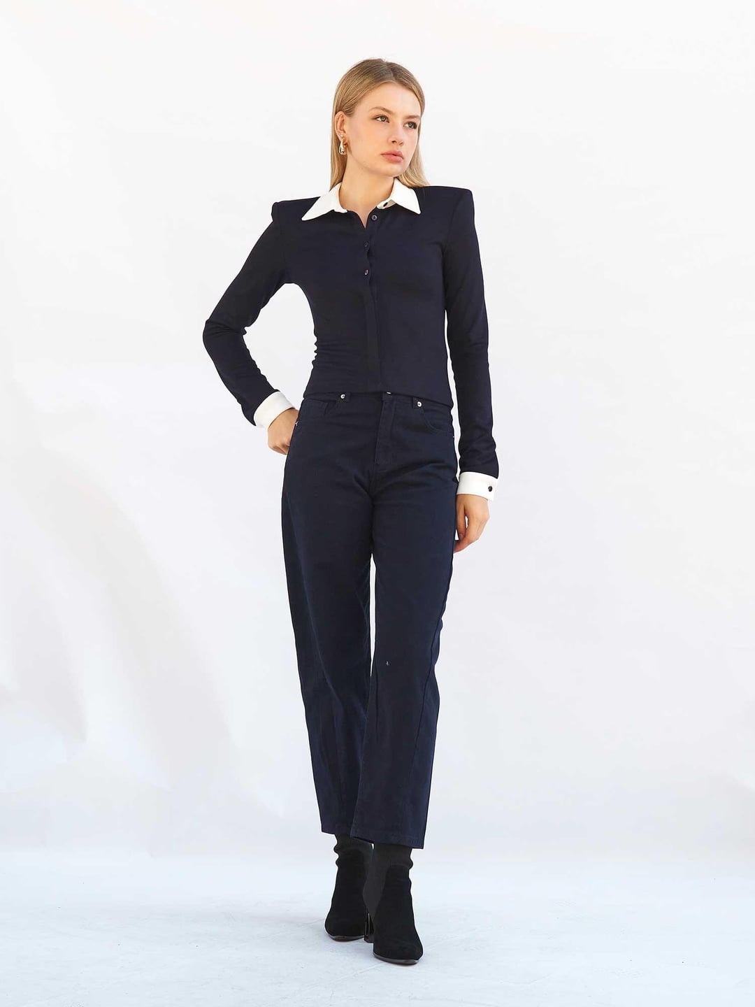 Navy Gabardine Straight-Leg Trousers with Matching Shirt Set - Lefon - by Peralane - photo 4