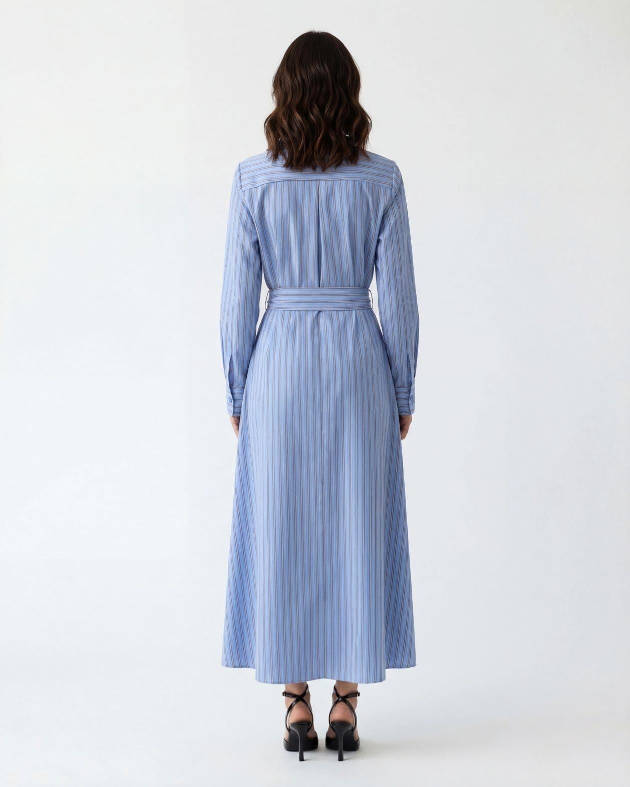 Women's Blue Pinstripe Midi Dress with Tie Belt - Fame - by Peralane - photo 3