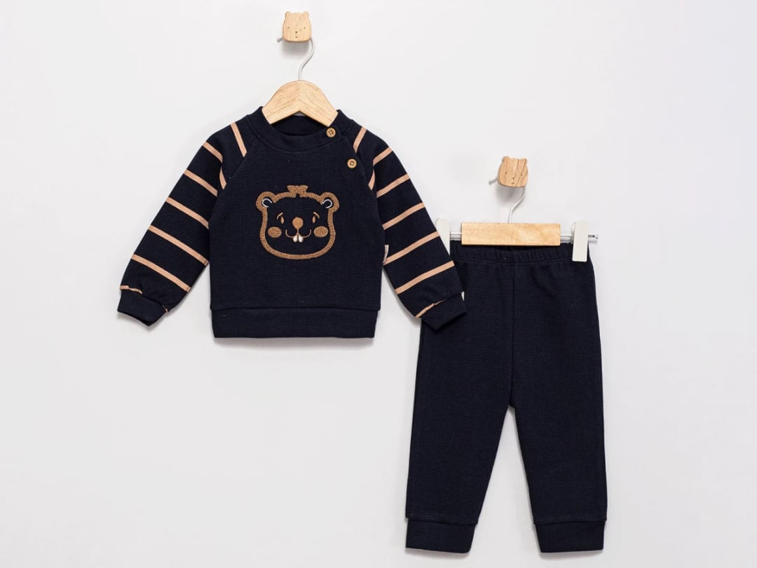 Navy Bear Print Baby Boy Sweatshirt and Trousers Set - Feely Kids - by Peralane