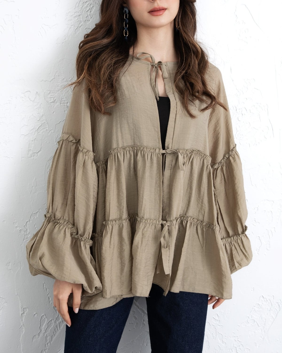 Tie-Front Layered Modal Blouse with Elastic Cuffs - Khaki - Podyumplus - by Peralane - photo 4