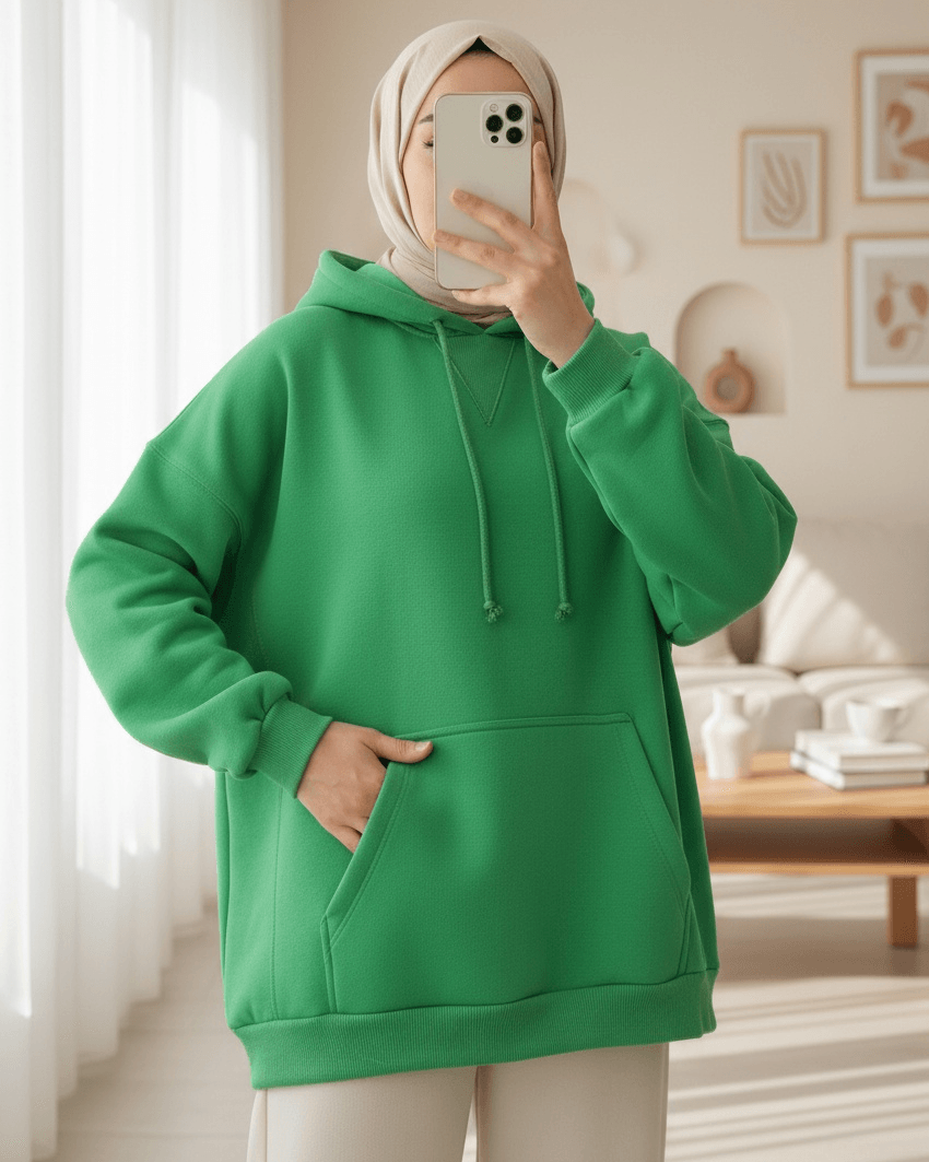 Hooded Kangaroo Pocket Brushed Sweatshirt - Green - Podyumplus - by Peralane - photo 2