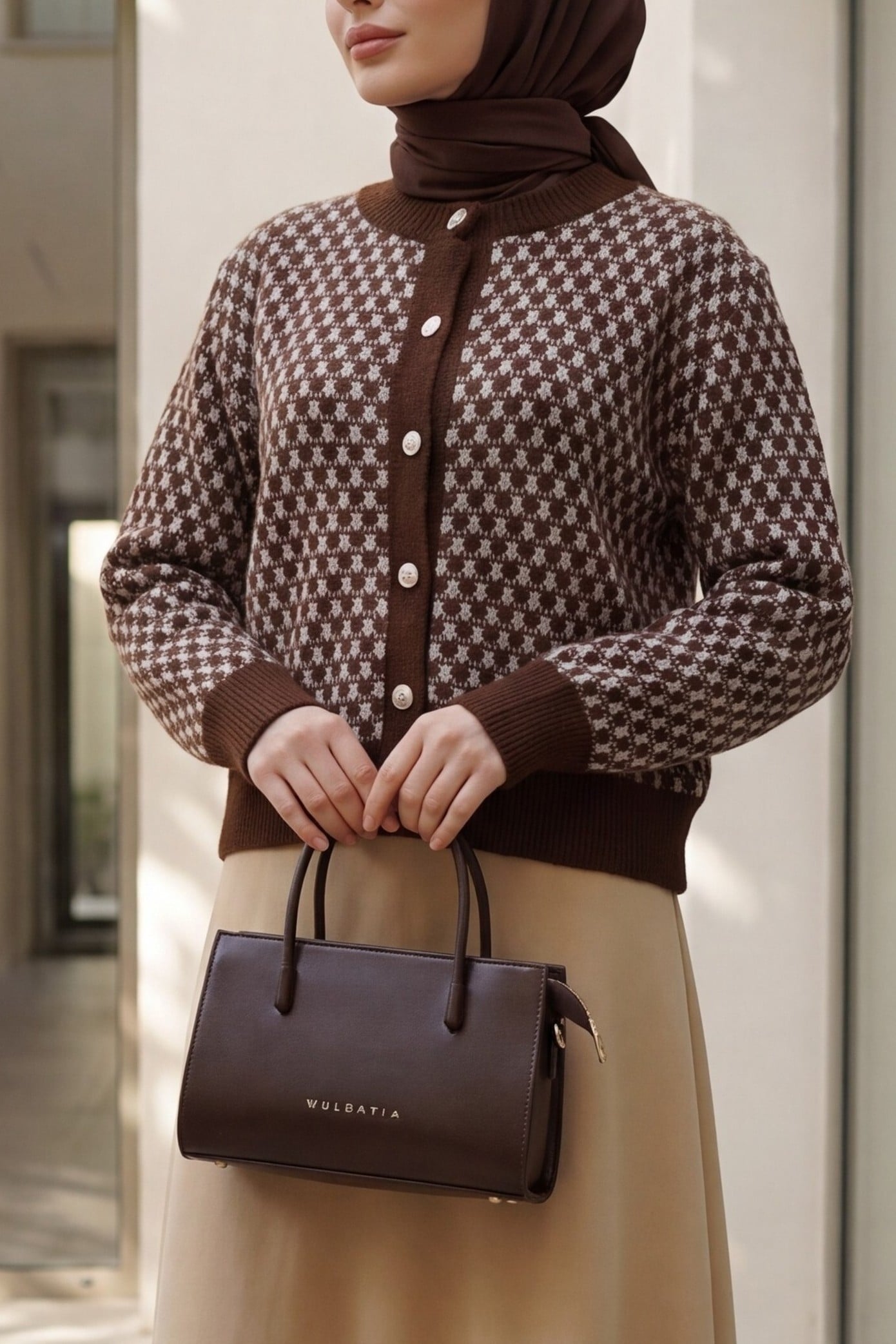 Round Neck Buttoned Patterned Knit Cardigan - Brown - Podyumplus - by Peralane