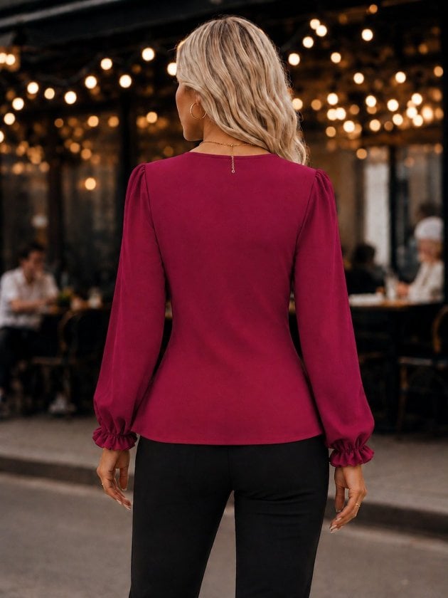 Women's Long Sleeve Wrap Neck Blouse with Chain Detail in Red - Janes - by Peralane - photo 3