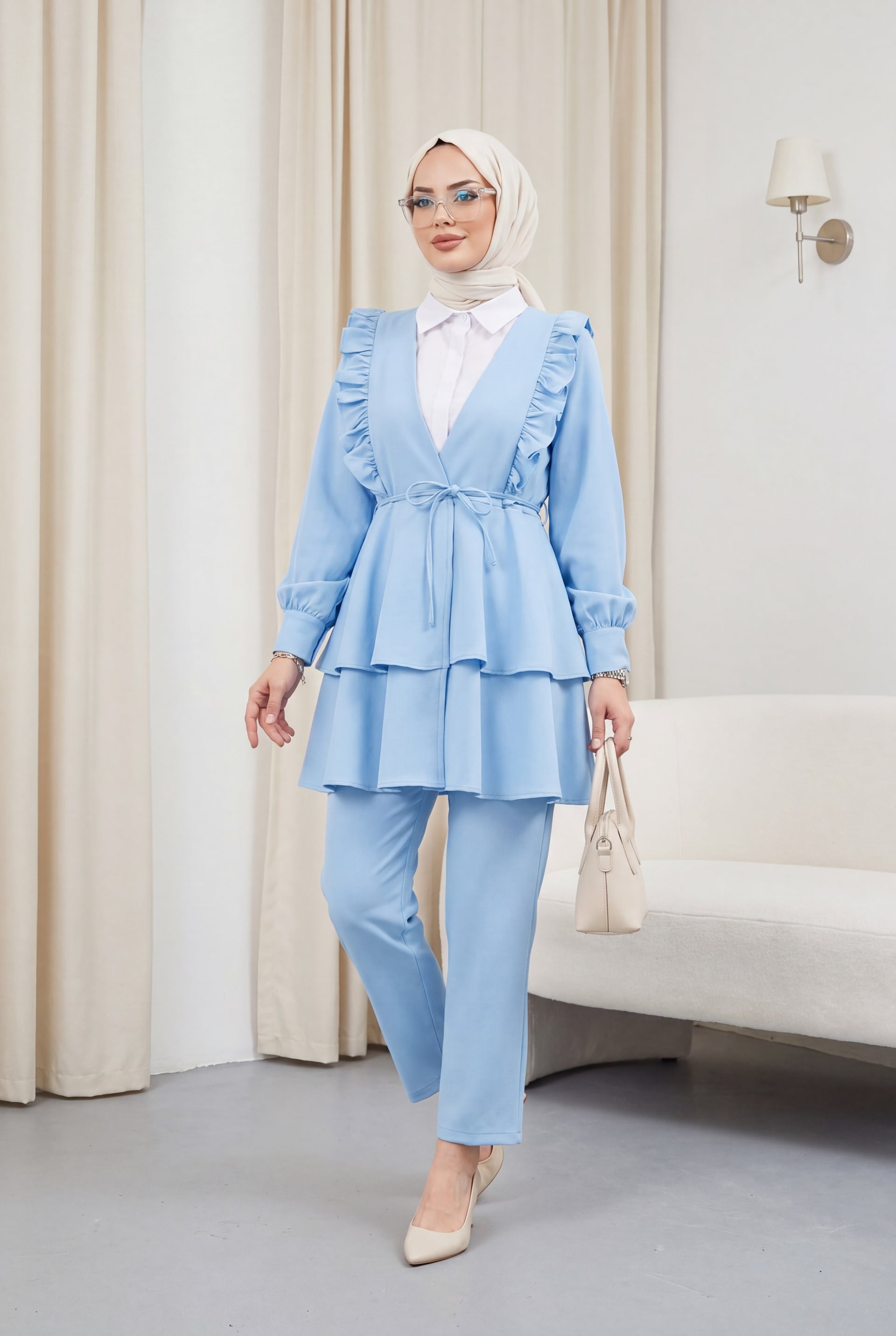 Women's Light Blue Two-Piece Tunic and Pants Set with Ruffled Front and Tie Waist - Podyumplus - by Peralane