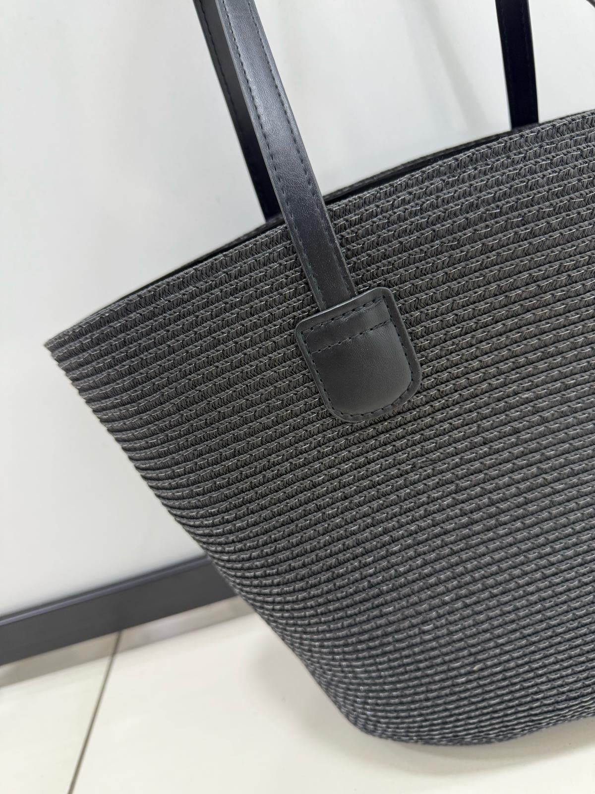 Black Woven Straw Tote Bag with Faux Leather Straps - Nesvay - by Peralane - photo 3