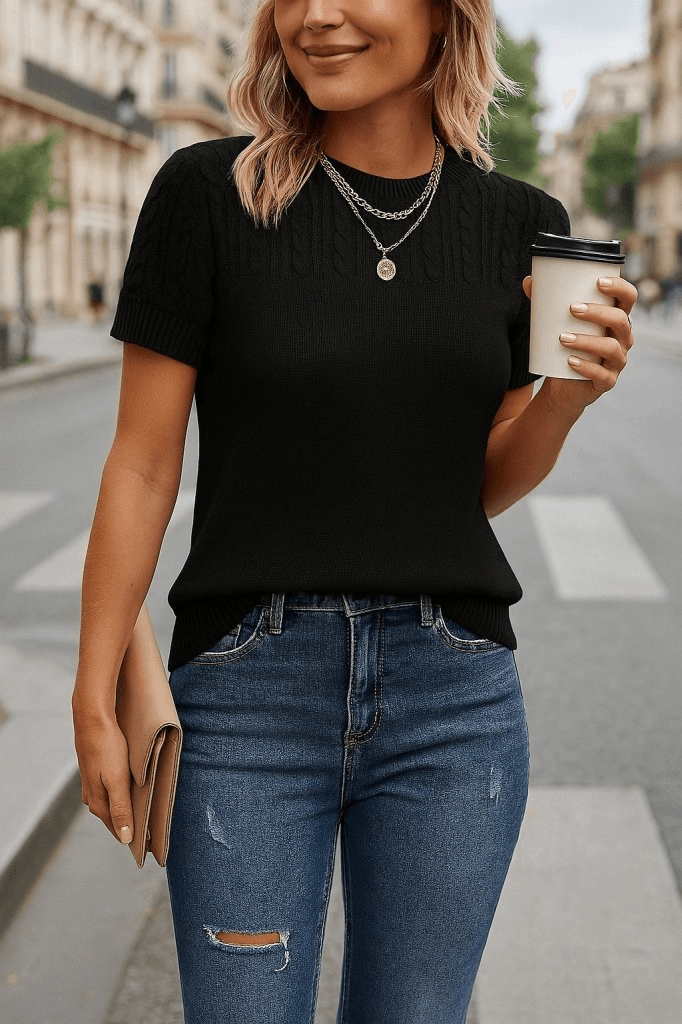 Women's Short-Sleeve Knit Blouse with Yoke Detail - Janes - by Peralane - photo 7