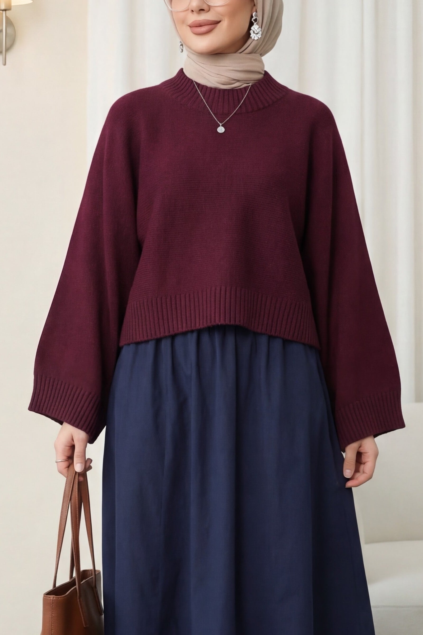 Half Mock Neck Batwing Sleeve Tunic Sweater - Maroon - Podyumplus - by Peralane - photo 3