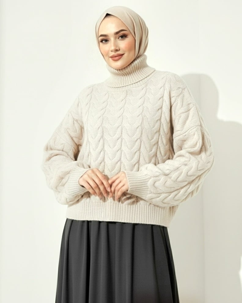 Cable Knit Turtleneck Sweater - Ecru - Podyumplus - by Peralane - photo 3