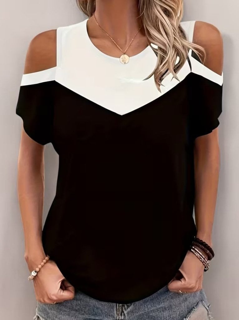 Women's Short-Sleeved Round Neck Two-Tone Viscose Blouse - Janes - by Peralane