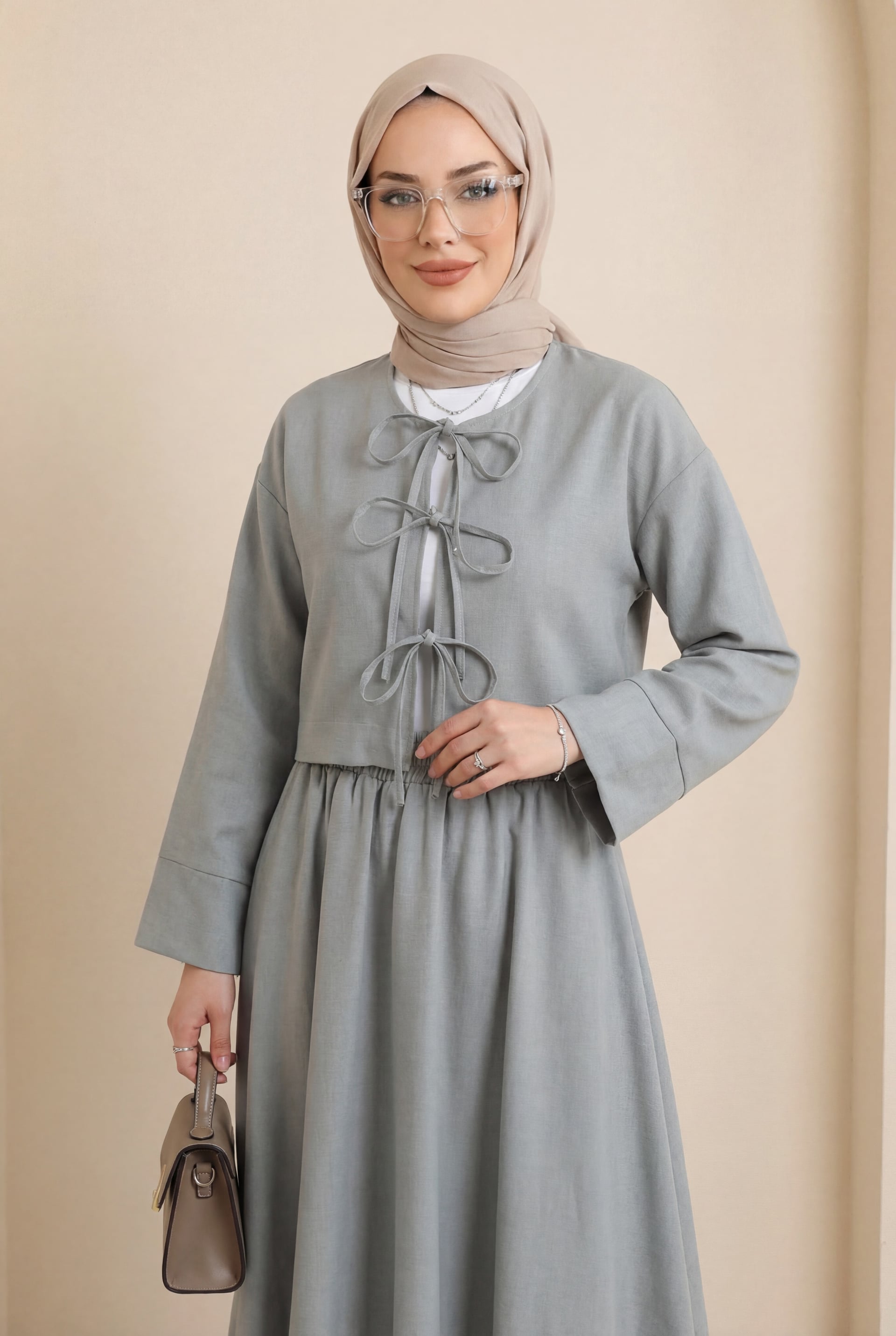 Lace-Up Front Elastic Waist Skirt Set - Grey - Podyumplus - by Peralane - photo 5