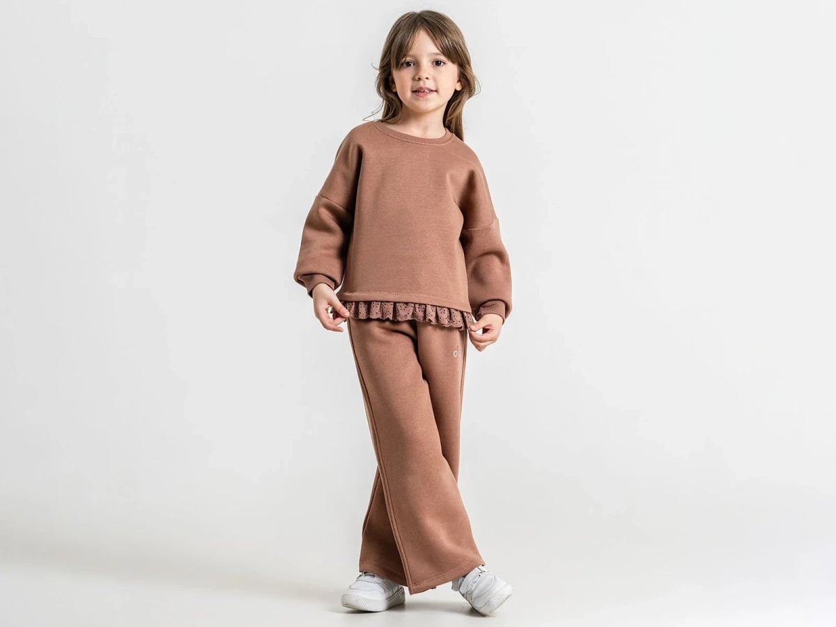 Girls' Brown Lace Trim Sweatshirt and Wide-Leg Pants Set - Pampal Kids - by Peralane