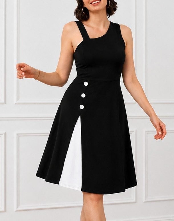 Women's Sleeveless Black Midi Dress with Asymmetrical Neckline and White Panel - Janes - by Peralane - photo 2