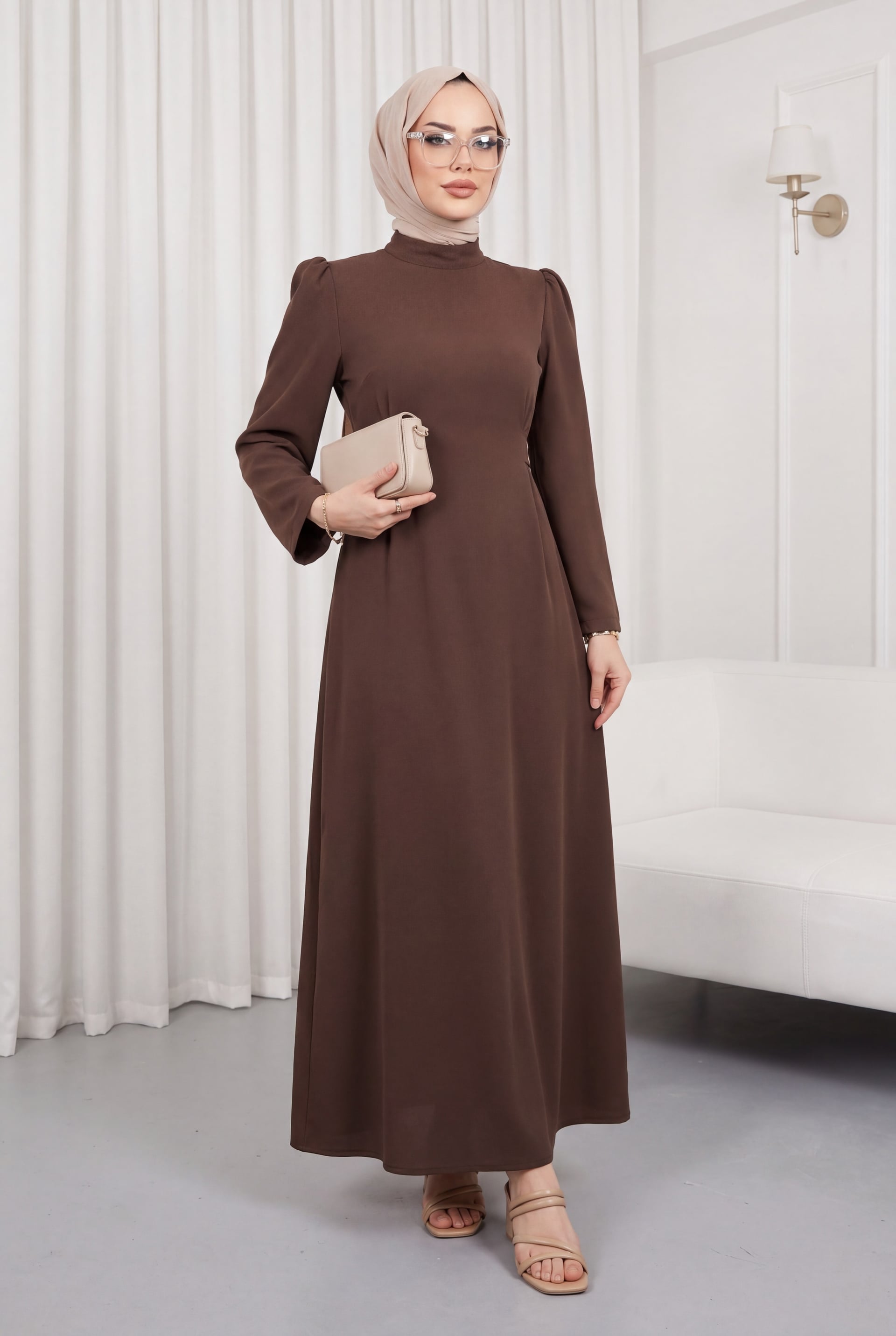 Mandarin Collar Belted Dress - Brown - Podyumplus - by Peralane - photo 5