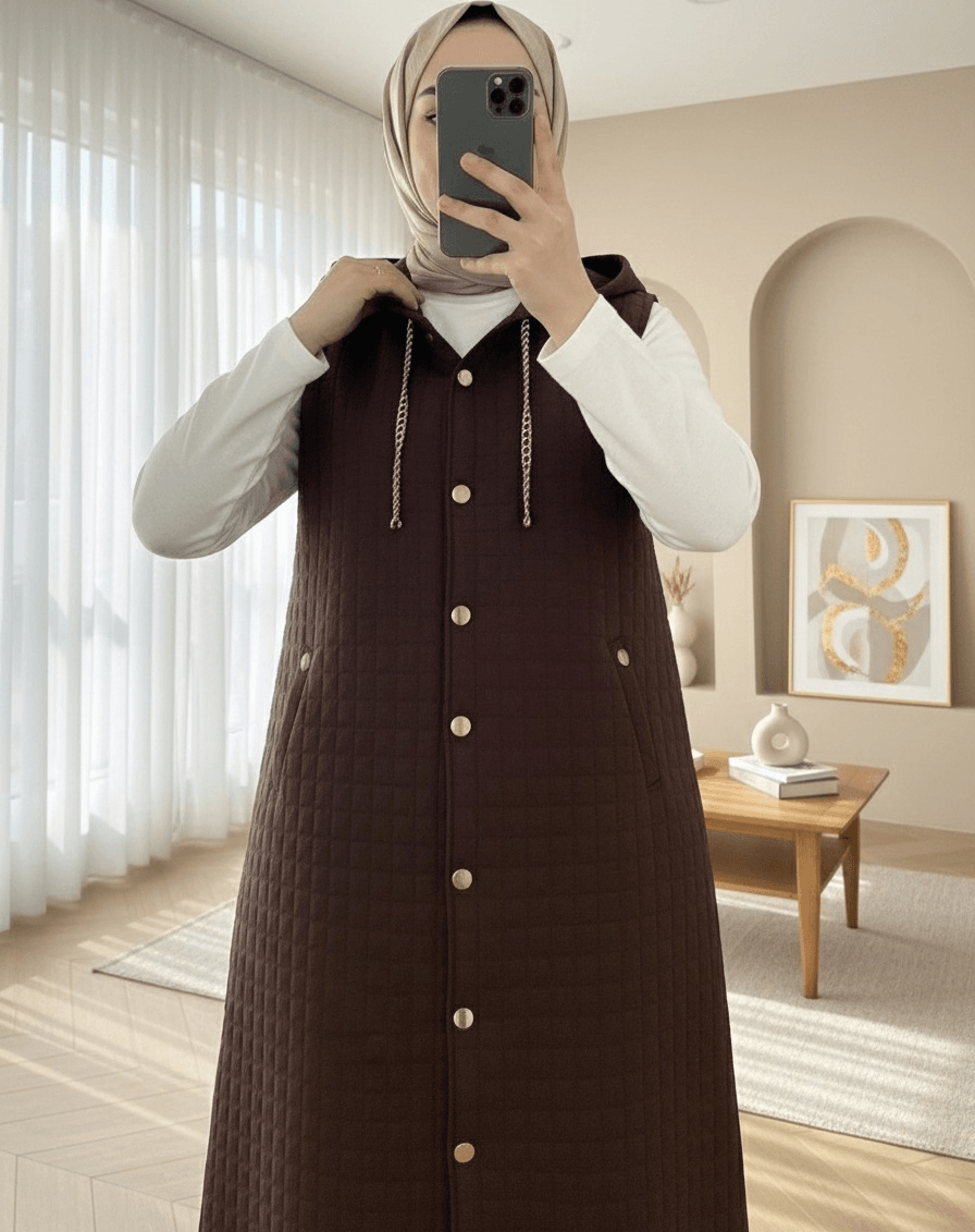 Long Quilted Hooded Vest with Full-Length Buttons - Dark Brown - Podyumplus - by Peralane - photo 5