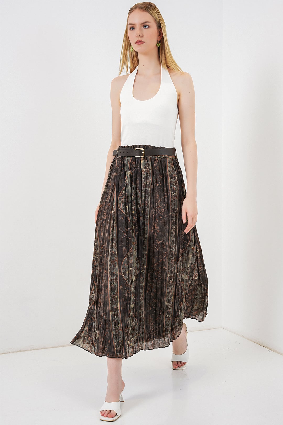 Women's Belted Patterned Midi Skirt 8074 - Dark Brown Paisley - Bigdart - by Peralane - photo 2