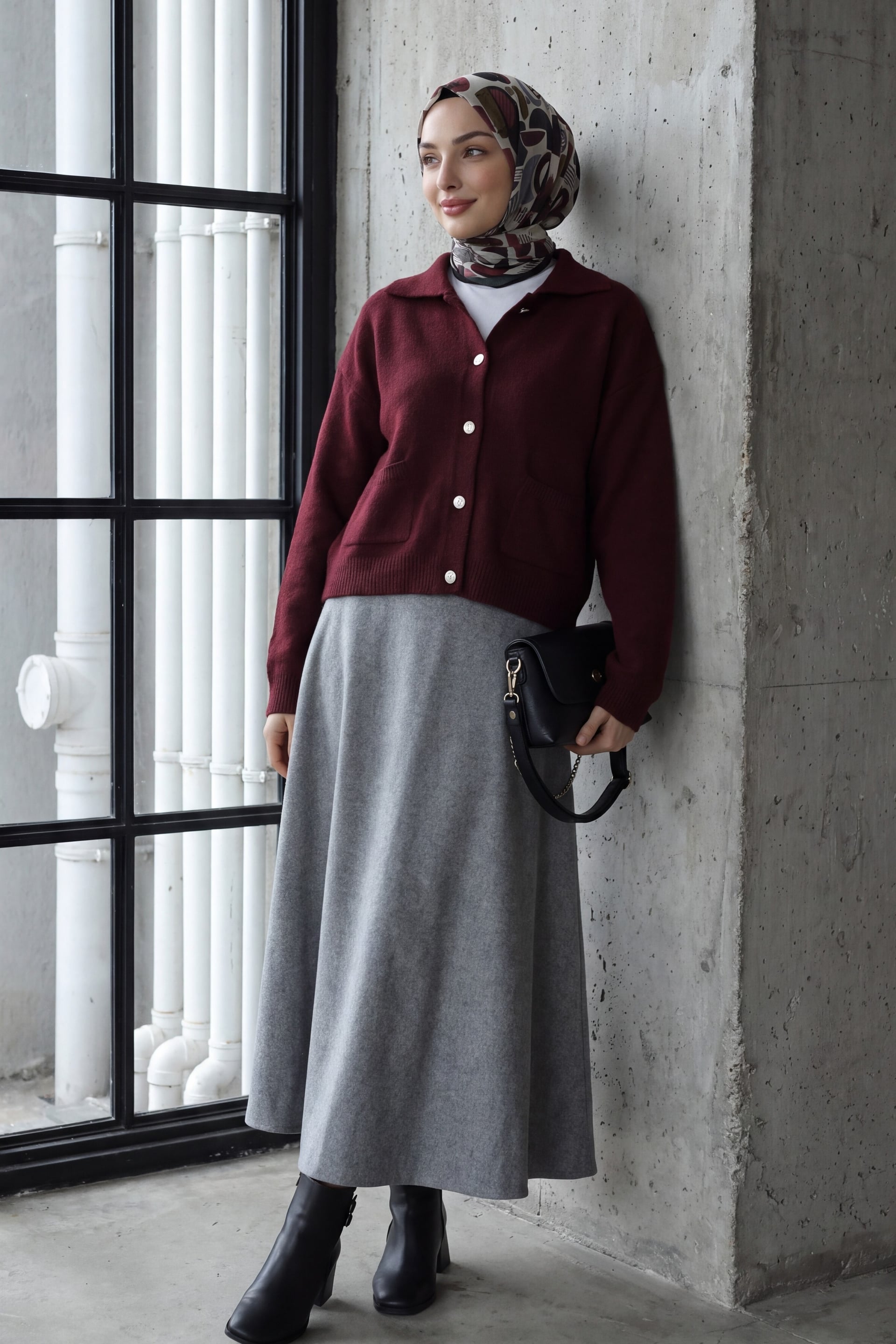 Maroon Collared Button-Down Knit Cardigan with Pockets - Podyumplus - by Peralane - photo 5