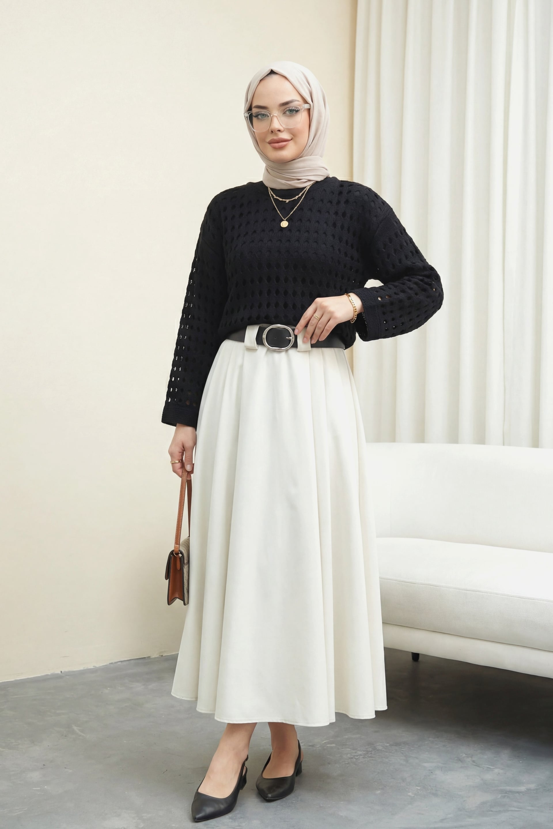 Black Boat Neck Openwork Knit Sweater - Podyumplus - by Peralane - photo 2