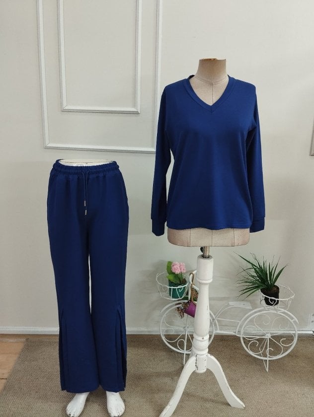 Women's Long Sleeve V-Neck Viscose Two-Thread Blouse and Slit Detail Trousers Two-Piece Set - Janes - by Peralane - photo 5
