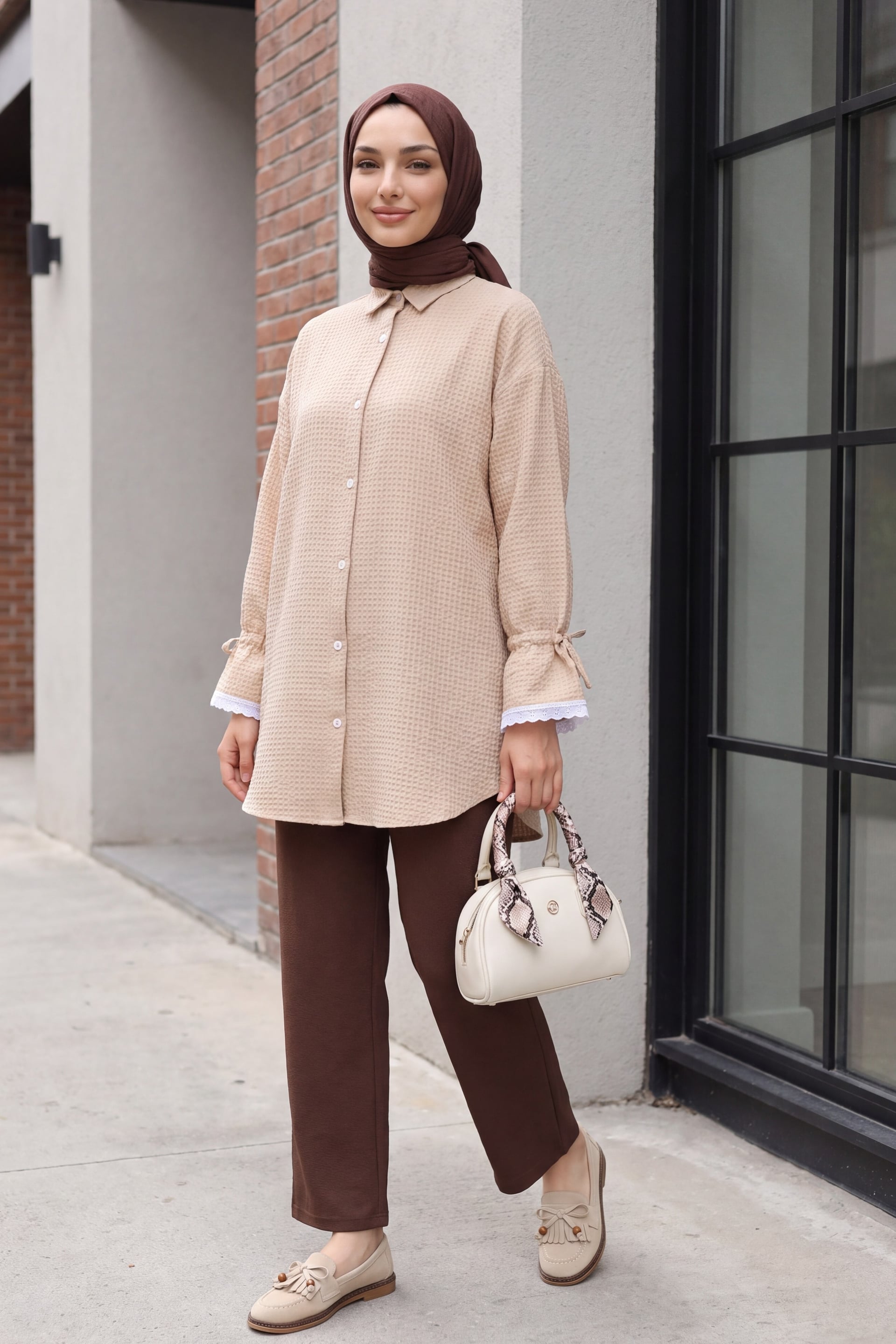 Women's Beige Ruffled Crinkle Blouse and Trousers Set with Tiered Lace Sleeves - Podyumplus - by Peralane - photo 2