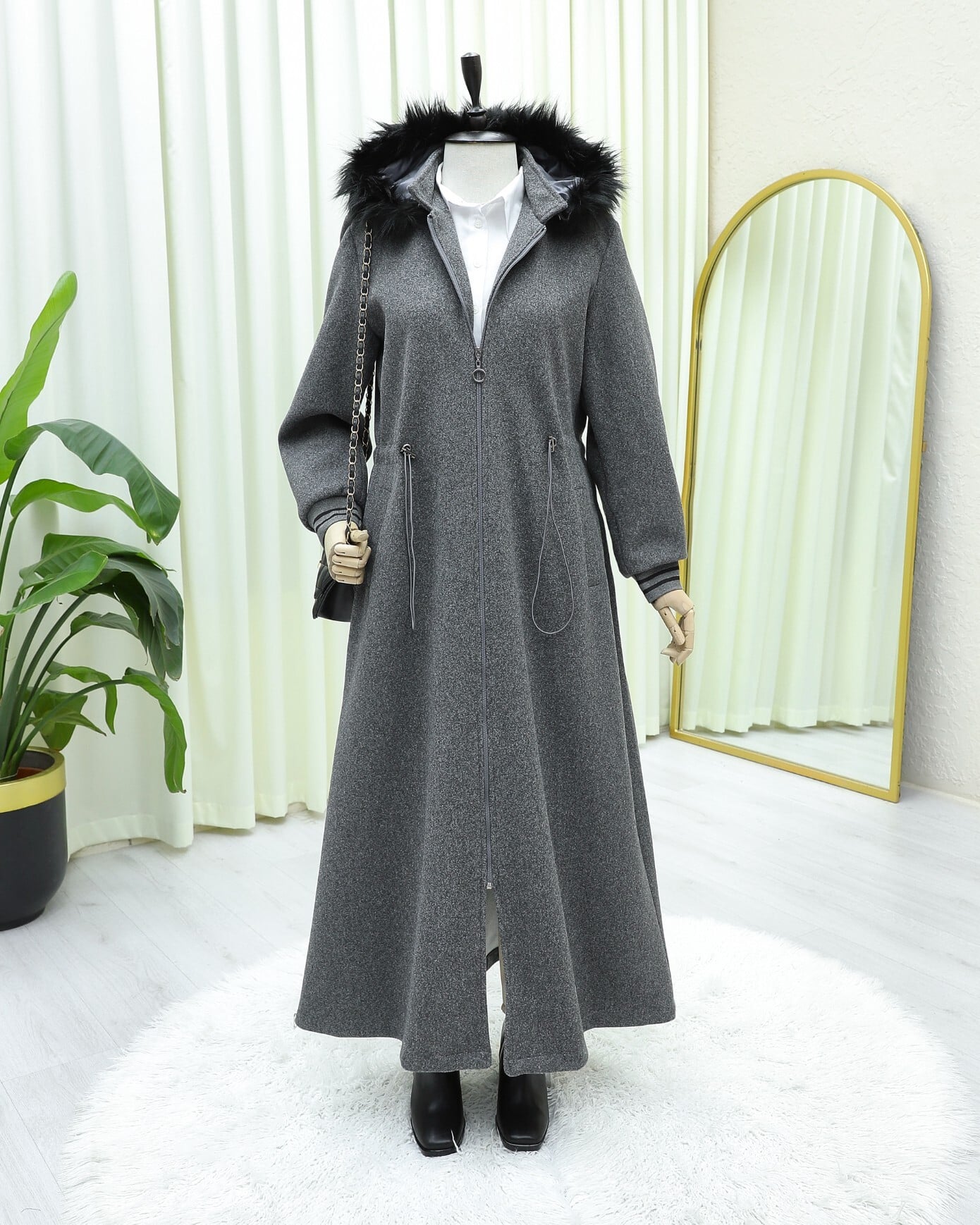 Hooded Drawstring Waist Faux Fur Trim Wool Blend Coat - Smoke - Podyumplus - by Peralane - photo 2