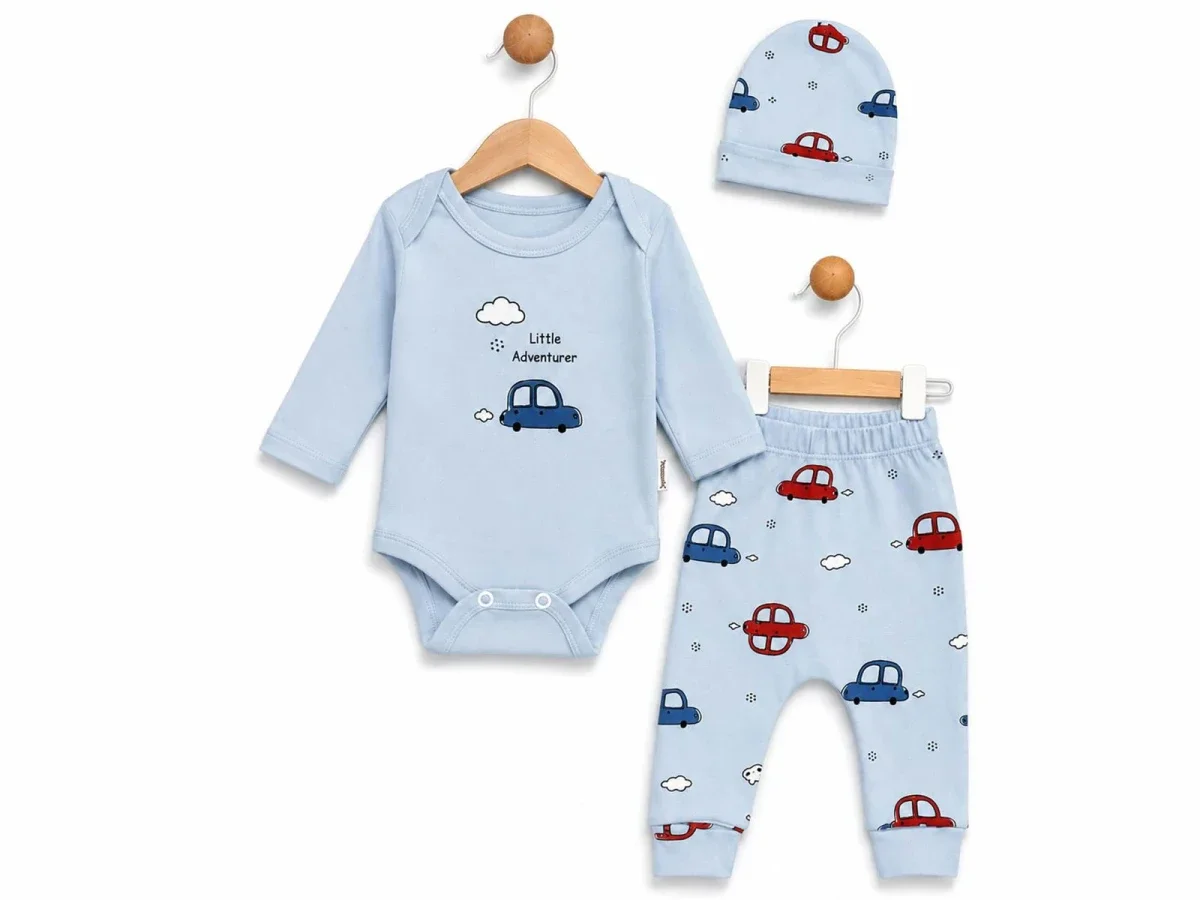 Baby Boys Cotton Jersey 3-Piece Set with Car Print - Light Blue - Supermini - by Peralane