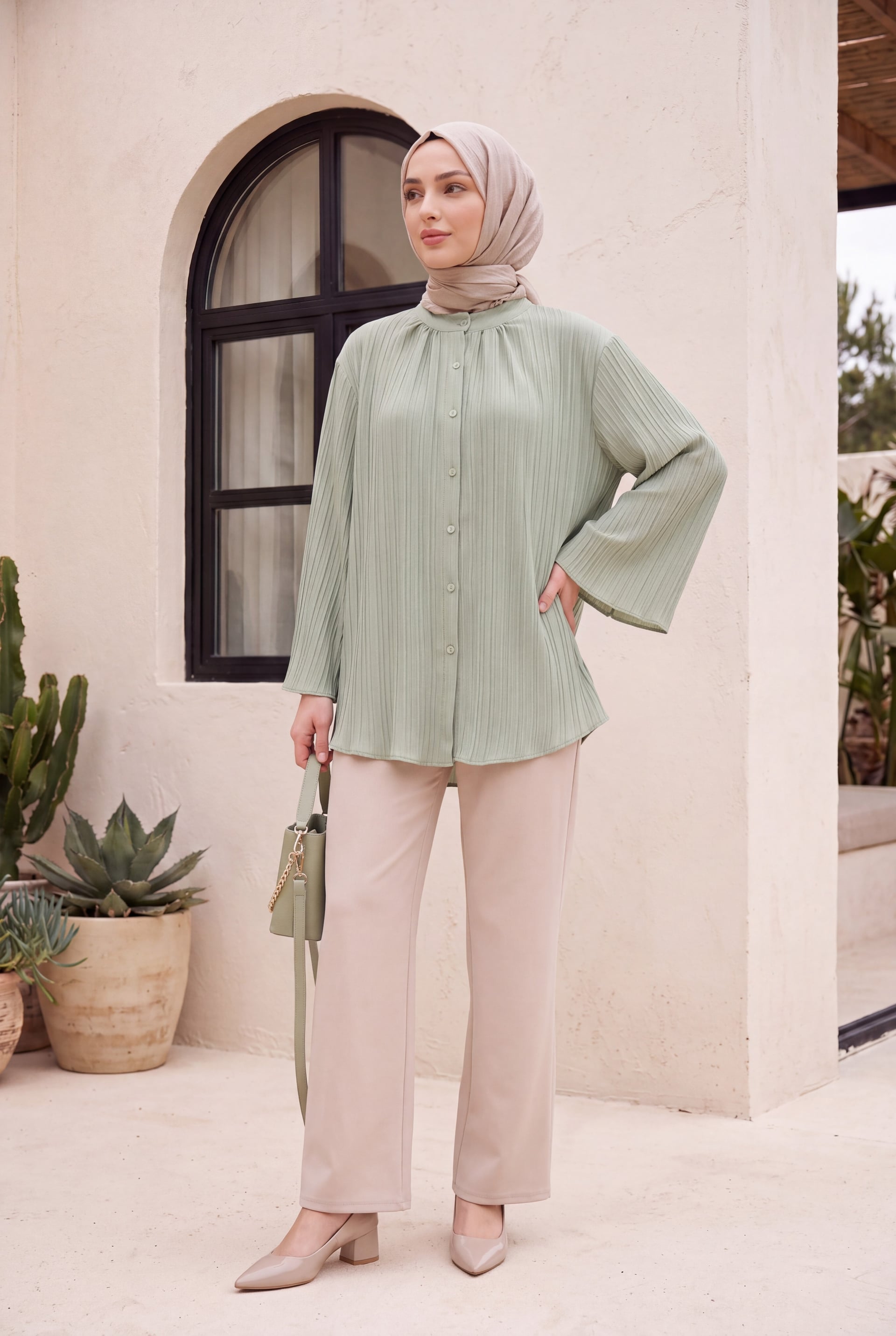 Round Neck Buttoned Spanish Sleeve Siena Tunic - Light Green - Podyumplus - by Peralane - photo 2